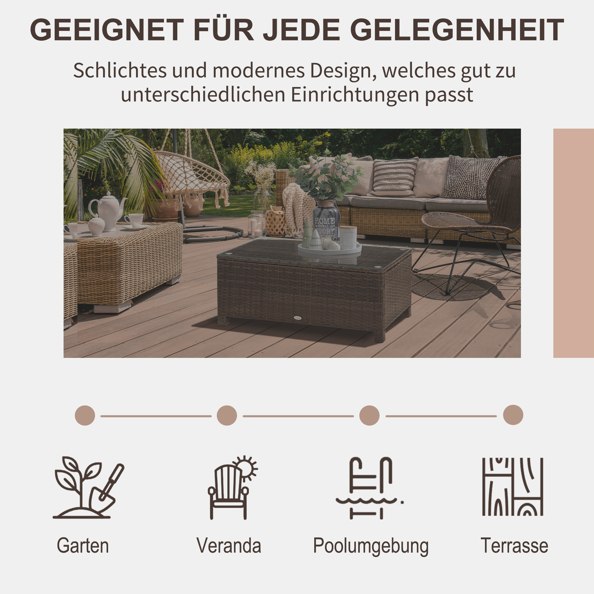 Garten Beistelltisch Couchtisch Gartentisch Balkontisch Polyrattan Braun 85 x 50 x 39 cm