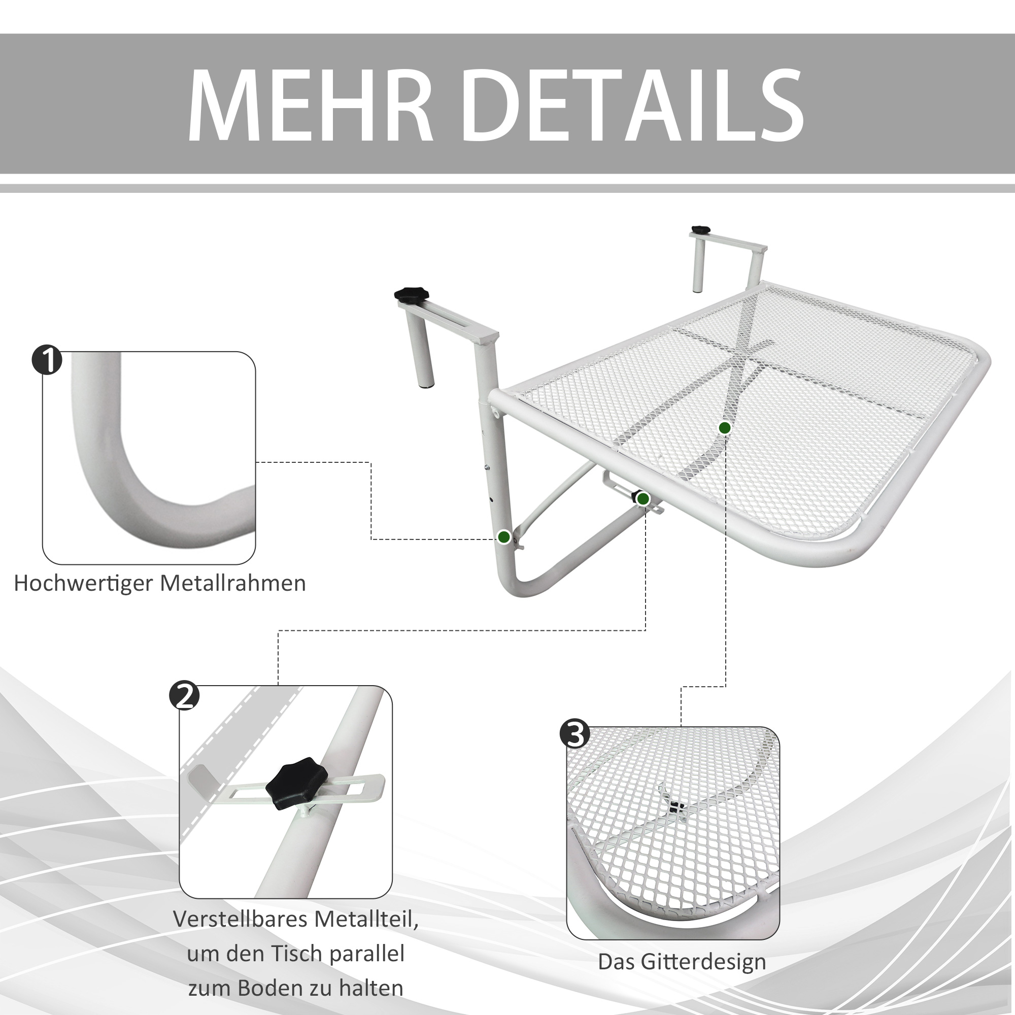 Balkonhängetisch 3-fach höhenverstellbarer Hängetisch aus Metall wetterfest Balkontisch Beistelltisch für Balkongeländer Terrassengeländer Tisch zum Einhängen 60 x 56 cm, Weiß
