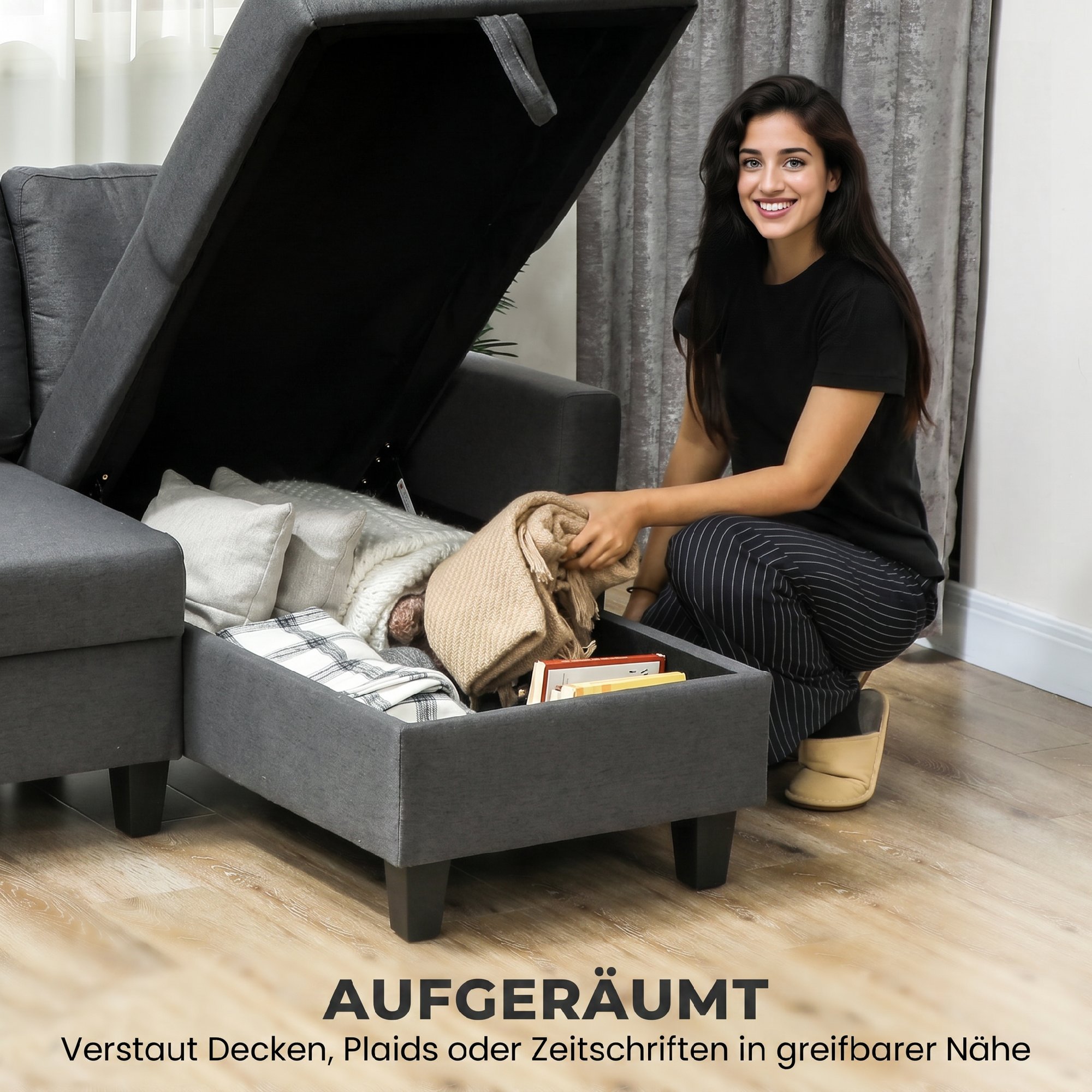 Ecksofa mit Schlaffunktion und Bettkasten L-Form Schlafsofa mit Verwandelbarer Chaiselongue, für Wohnung und Wohnzimmer