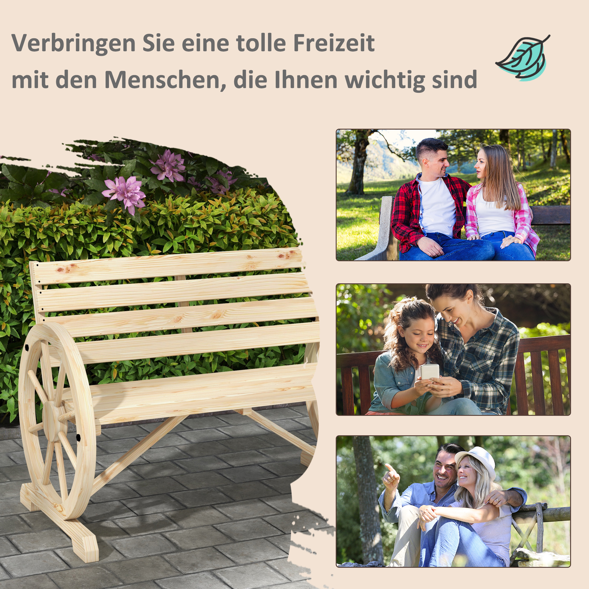 Gartenbank, Wagenrad-Design, für 2 Personen, Naturholz, dunkelbraun, 105,5 x 56 x 79 cm, Natur