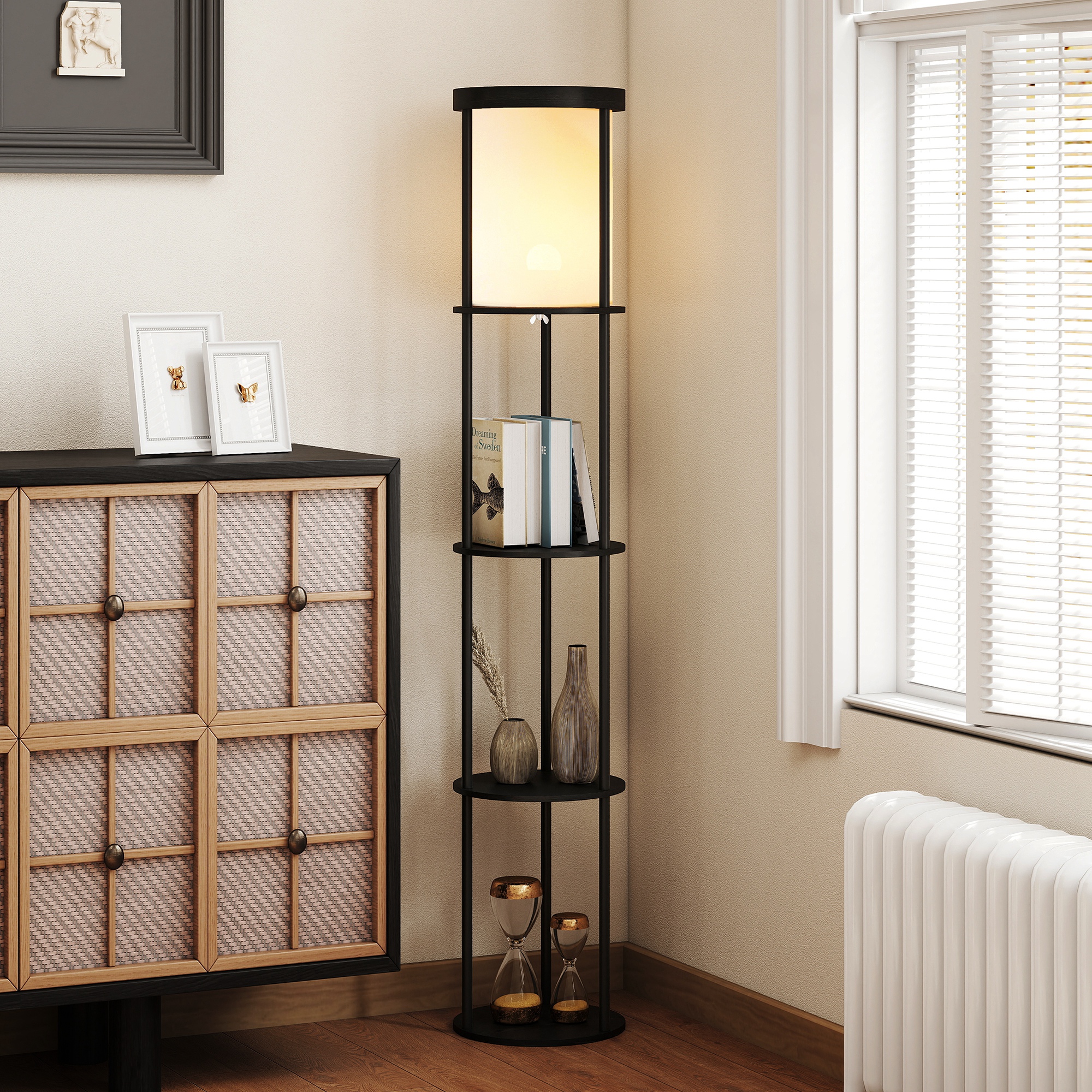 Stehlampe mit 3 Regalen, rundes Design, Fernbedienung, Fußschalter, verstellbare Lichtwärme, für Wohnzimmer, Schwarz