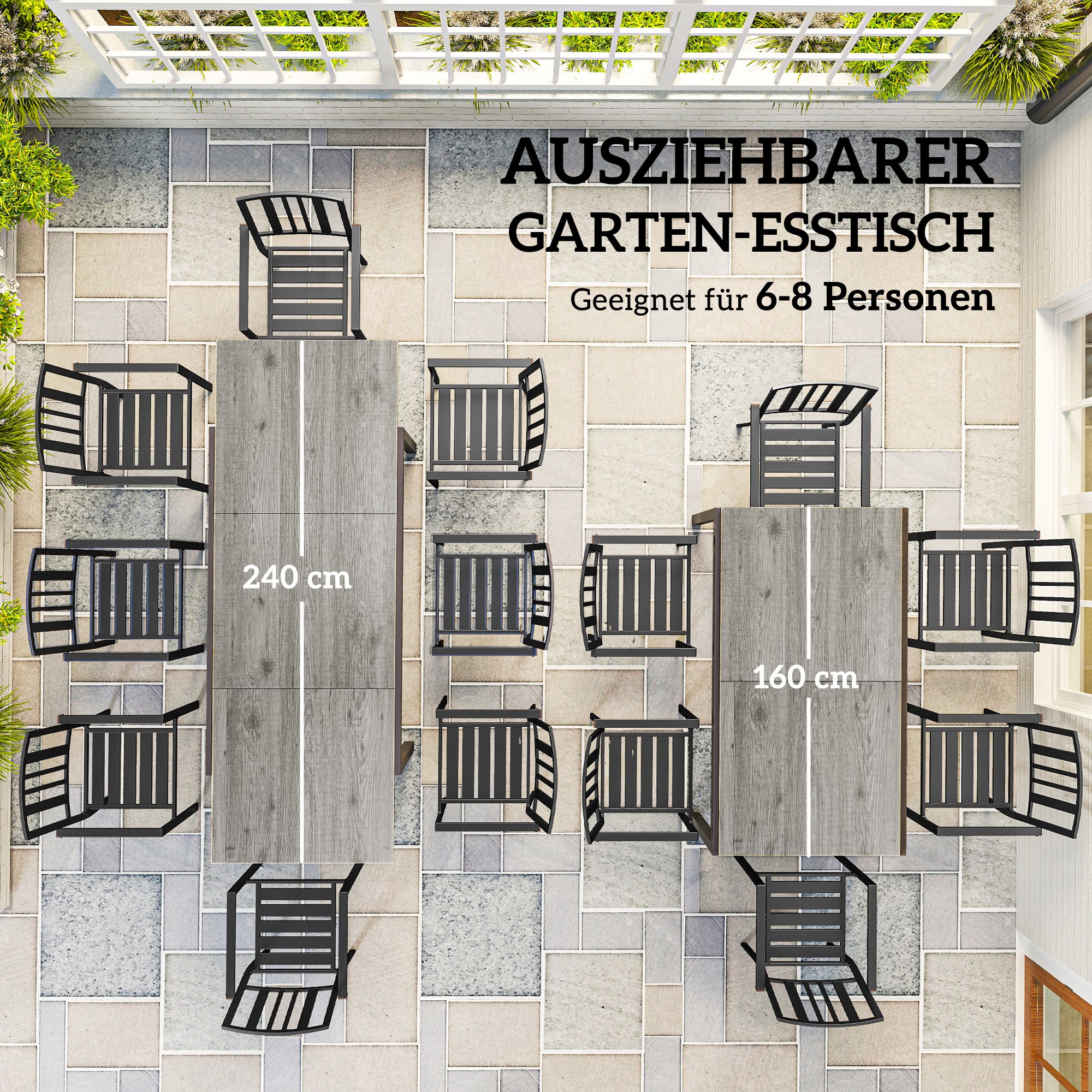 Ausziehbarer Esstisch für 6-8 Personen, Verstellbarer Outdoor-Tisch aus Aluminium, Stahl, Kunststoff, Holzoptik, Grau