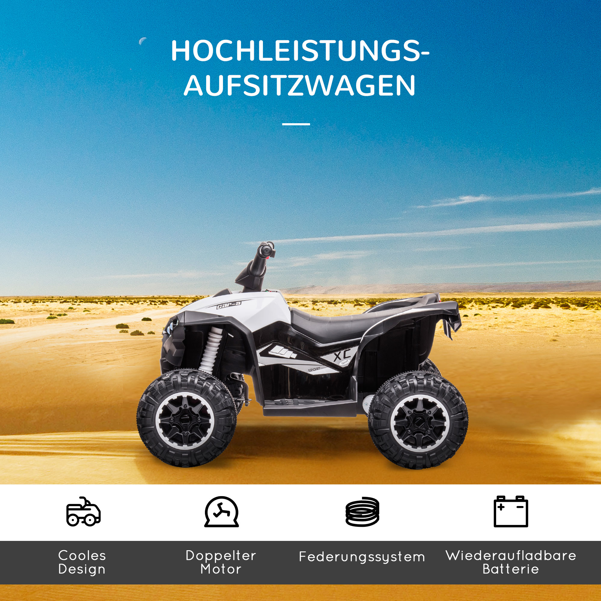Kinder-Quad Kinderauto, 6 km/h, Sound- und Lichteffekte, : 83 cm x 53 cm x 55,5 cm, Schwarz + Weiß
