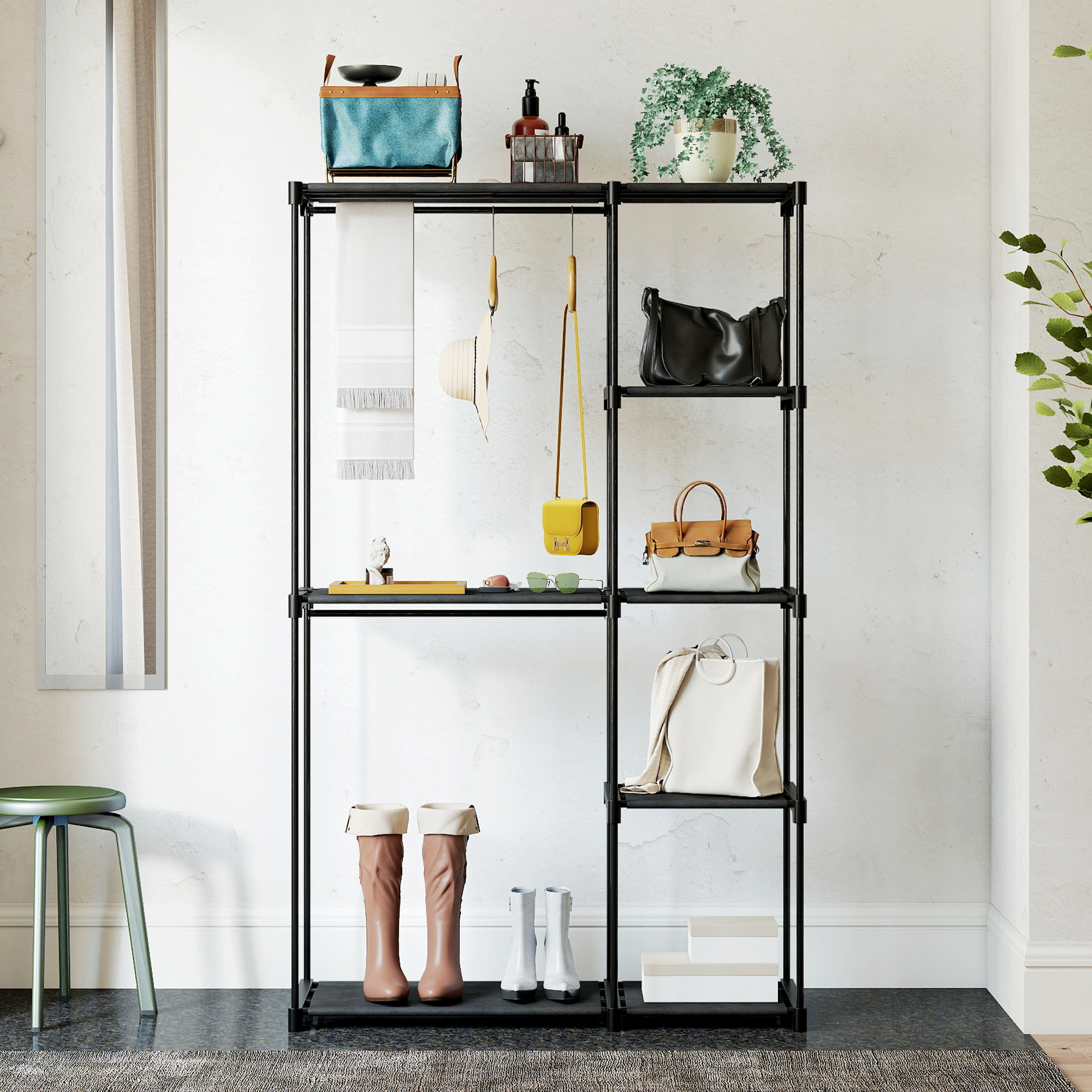 Stoffschrank Kleiderschrank mit Kleiderstange, Ablagen, für Schlafzimmer, Ankleidezimmer, 111 x 43 x 185 cm, Schwarz