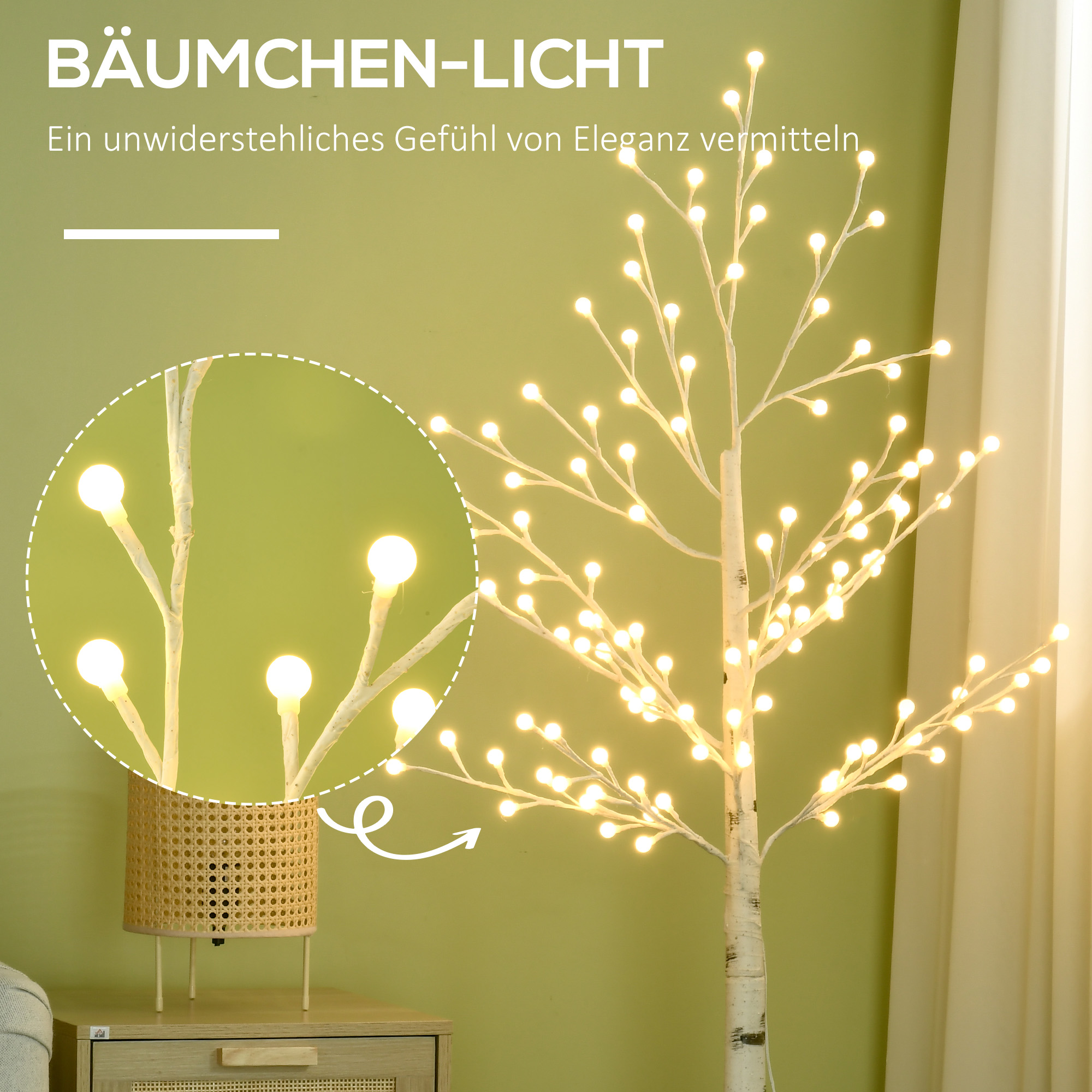 Künstliche Birke mit 120 LED-Lichtern, 3 Helligkeitsstufen, faltbare Äste, IP44, 150 cm, Weiß