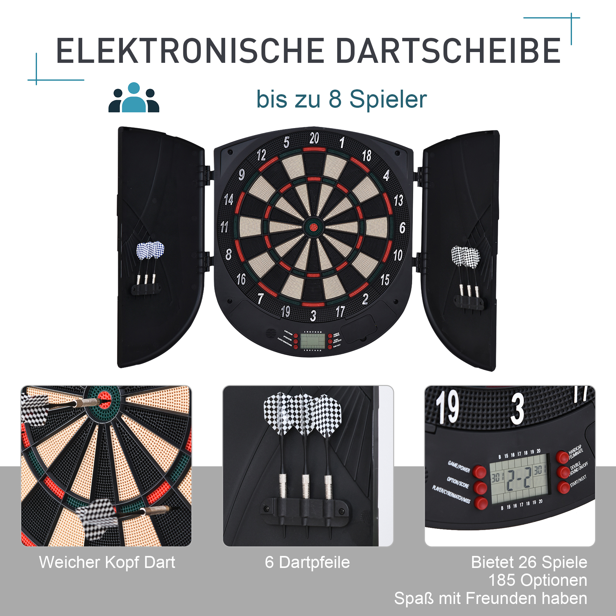 elektronische Dartscheibe Dartboard mit Sprachansagen Englische Stimme LED-Anzeigen 6 Darts 26 Spiele 185 Varianten Dartautomat mit Tür Dartscheibe Set für bis zu 8 Spieler