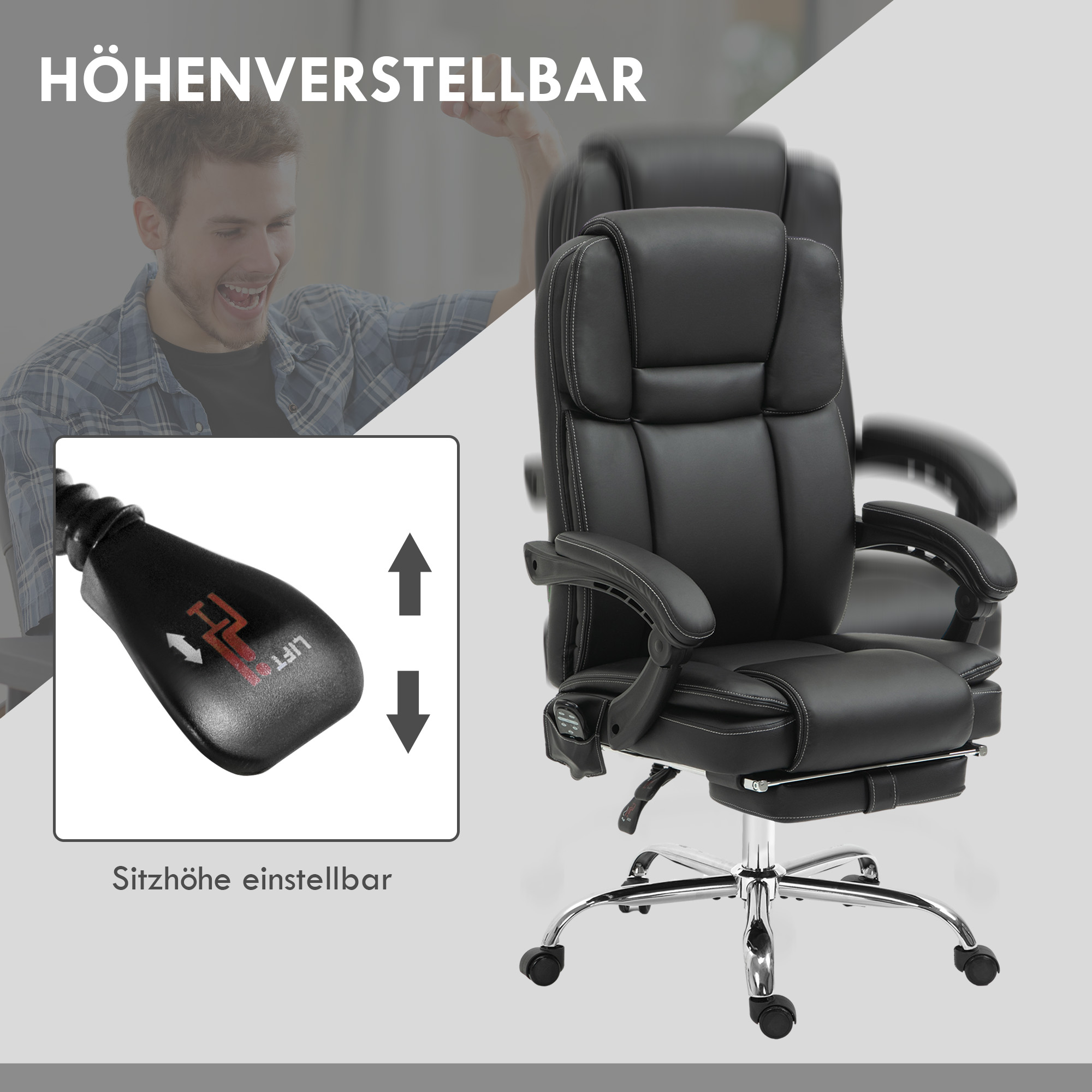 verstellbarer Bürostuhl mit 6 Massagepunkten, Wärmefunktion, Fußstütze, Kunstleder, Schwarz