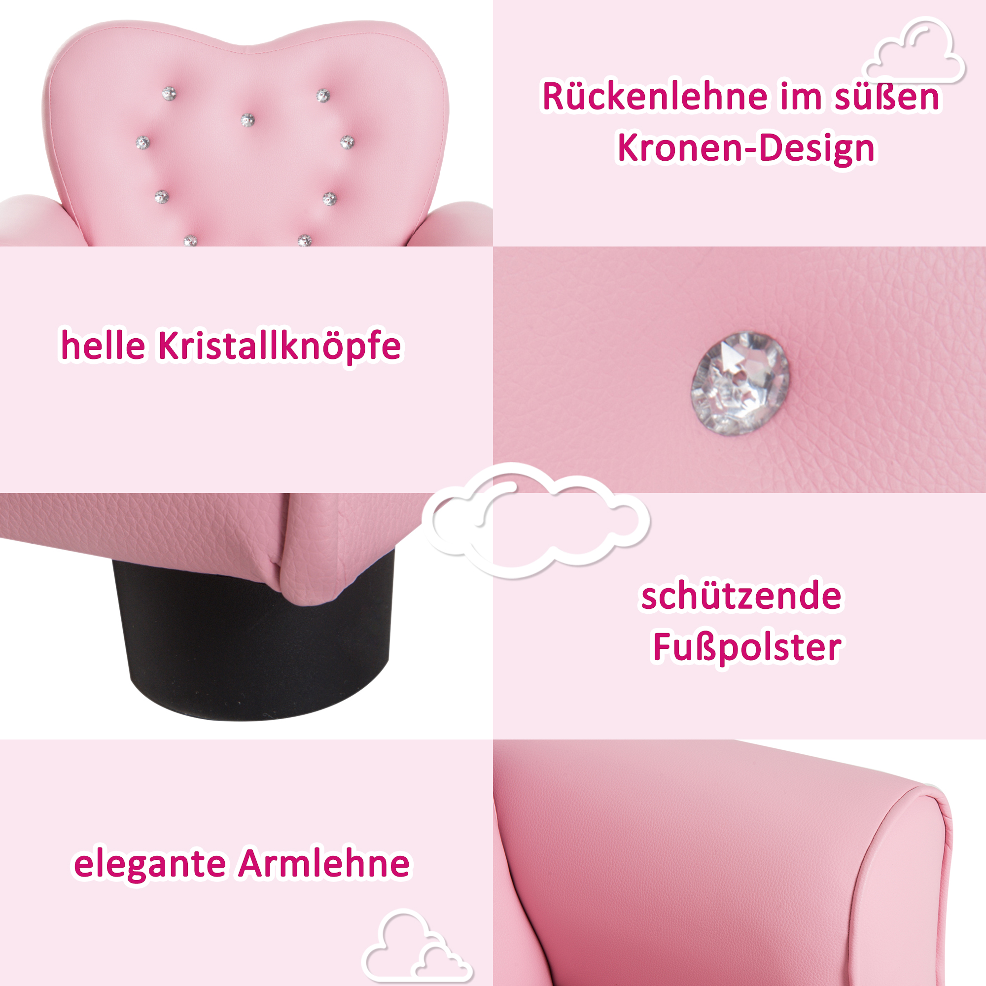 Kindersofa Kindersessel Prinzessin Minisofa Kinderzimmer Sofa herzförmig Rosa L59 x B41,5 x H49 cm