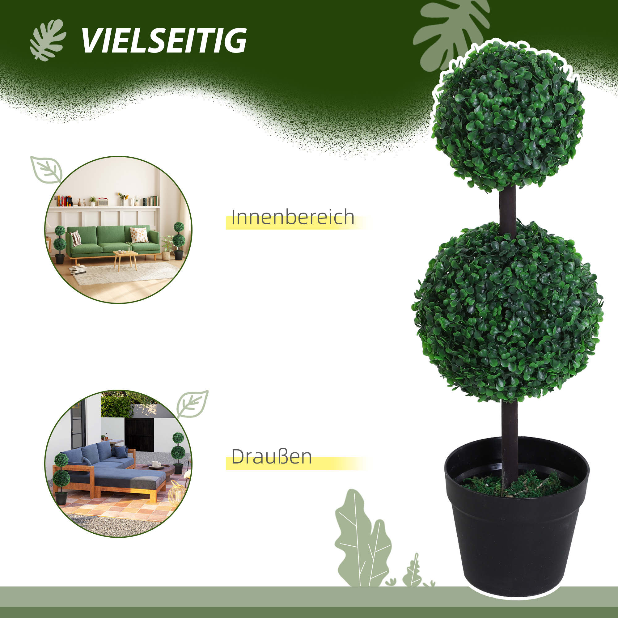 2er-Set Kunstpflanze, Künstliche Pflanzen im Kugeldesign, Kunstbaum im Zementtopf, Kunststoff-Pflanze, Grün+Schwarz