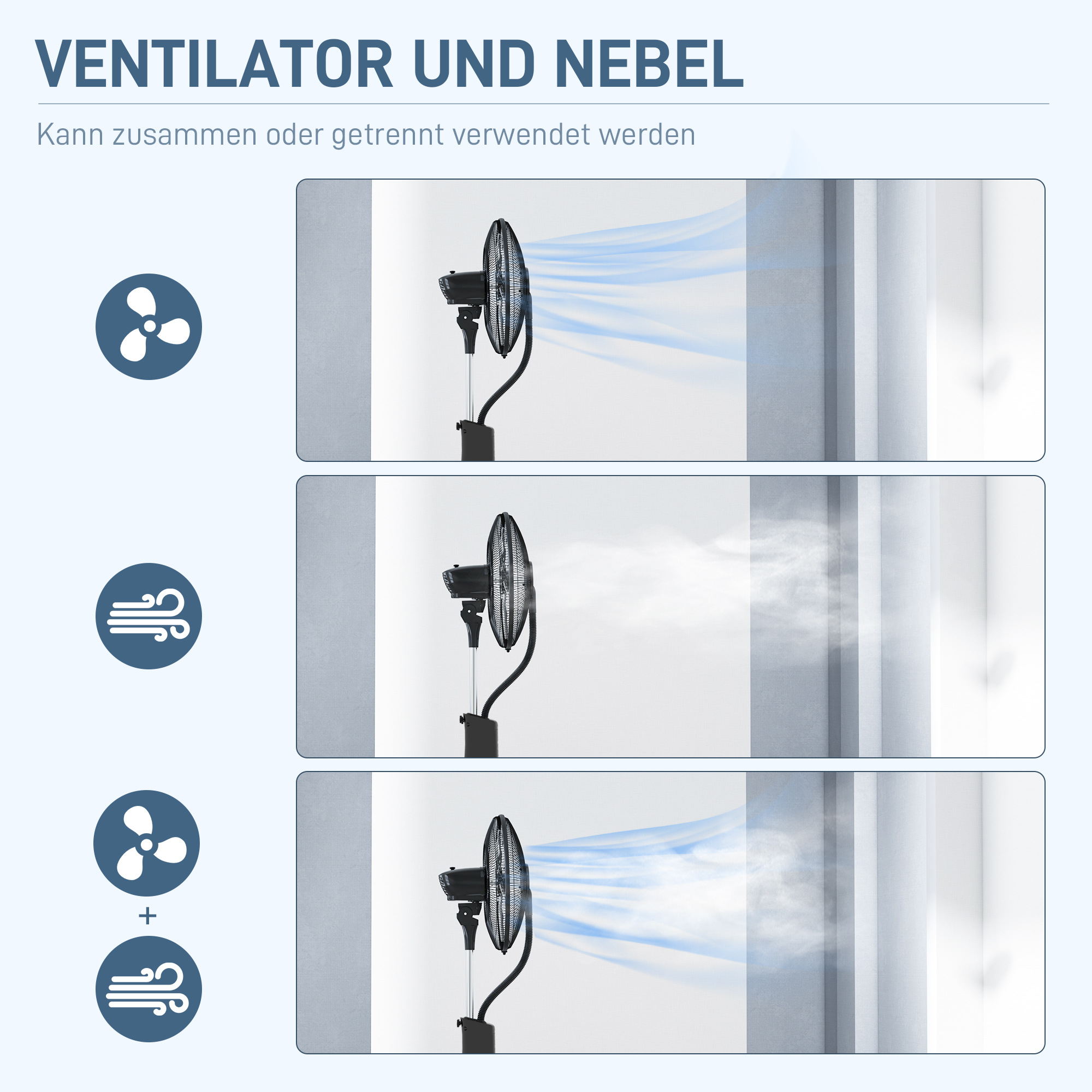 Standventilator mit Luftbefeuchtung, leise, mobil, Fernsteuerung, Schwarz