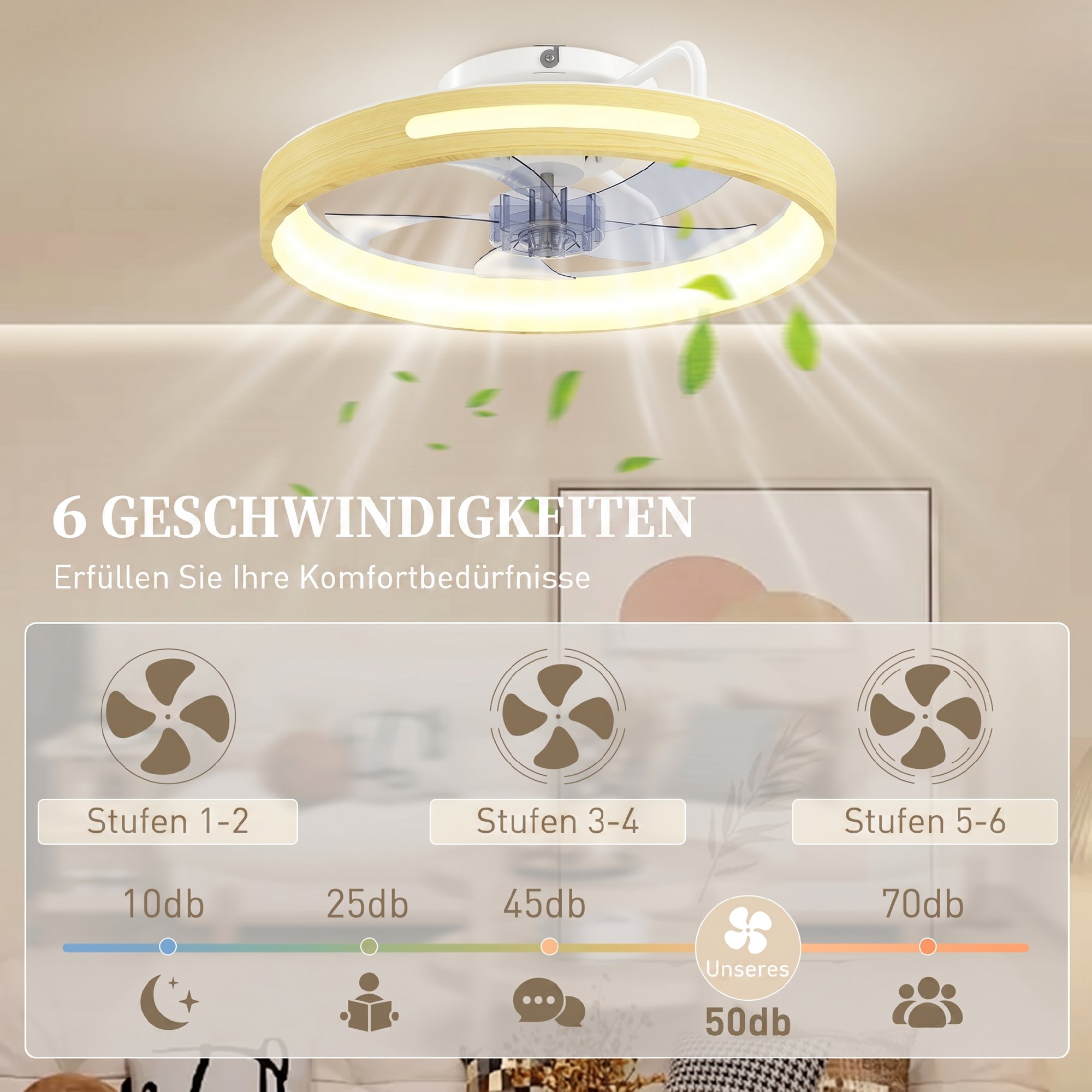 Deckenventilator mit Licht und Fernbedienung, 49 cm LED-Deckenventilator mit 3 Farbtemperaturen, natürliches Holzfinish