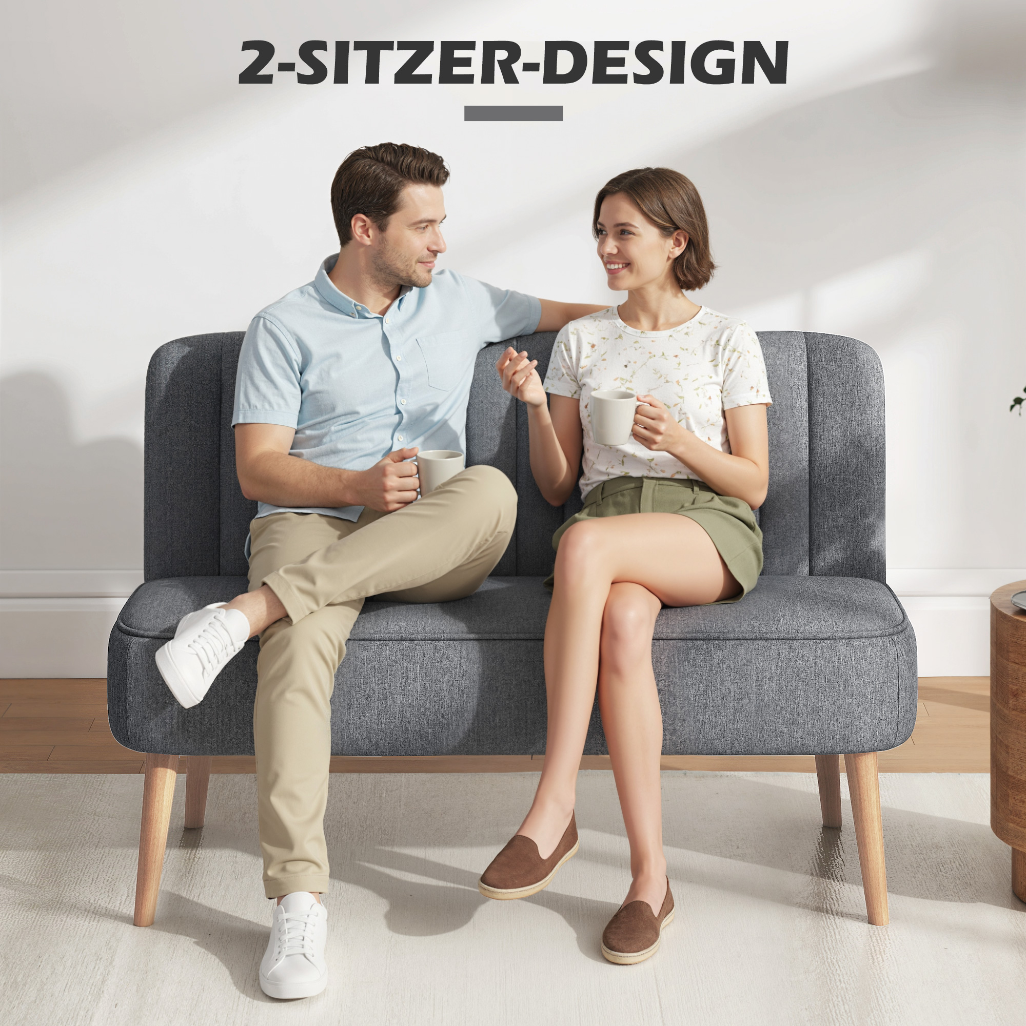 Sofa 2 Sitzer, Polstersofa Leinenoptik, Holzrahmen, Für Wohnzimmer Schlafzimmer, 117 cm, Grau