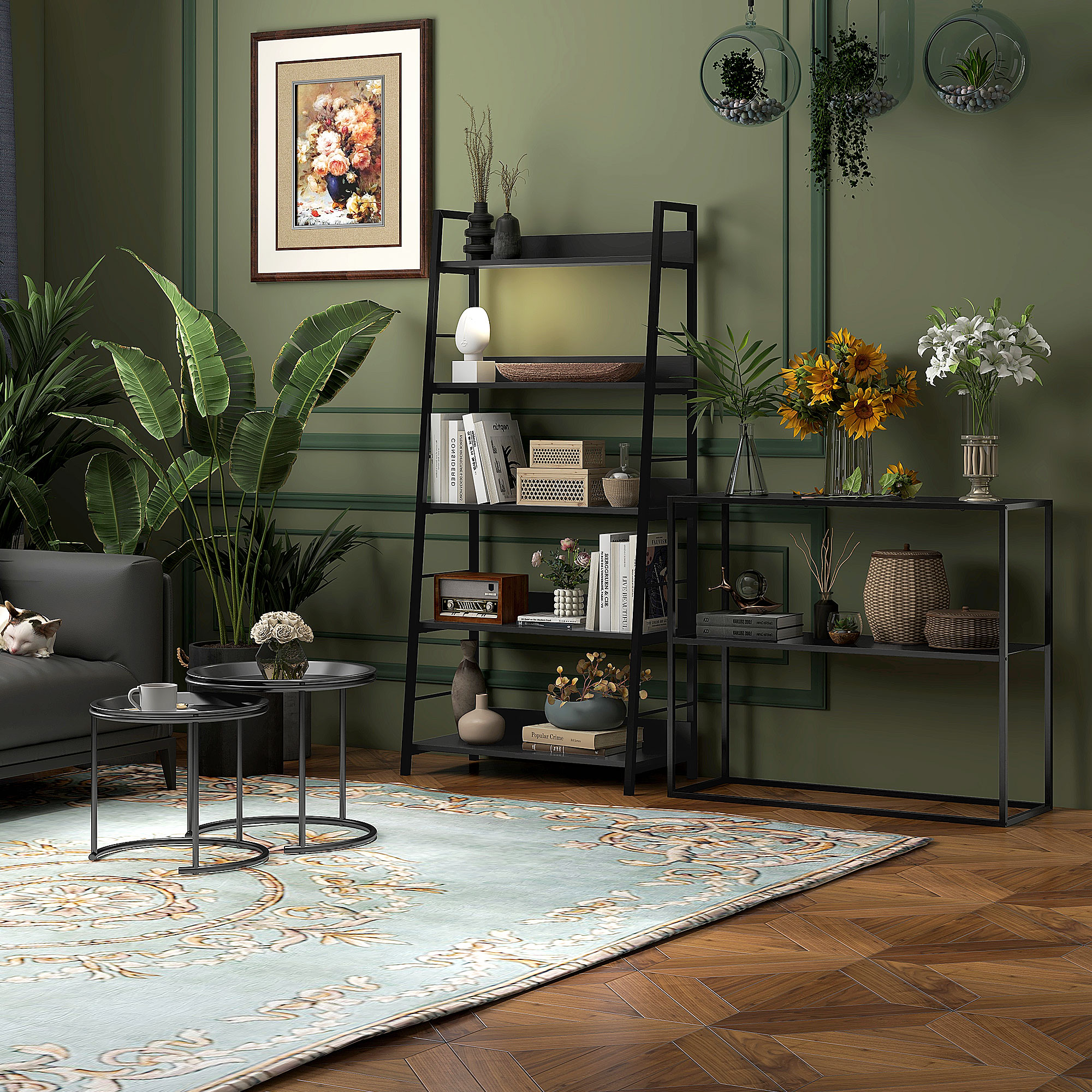 Konsolentisch, Sideboard, 2 Etagen, pulverbeschichteter Stahl, 90 x 30 x 75cm, schwarz