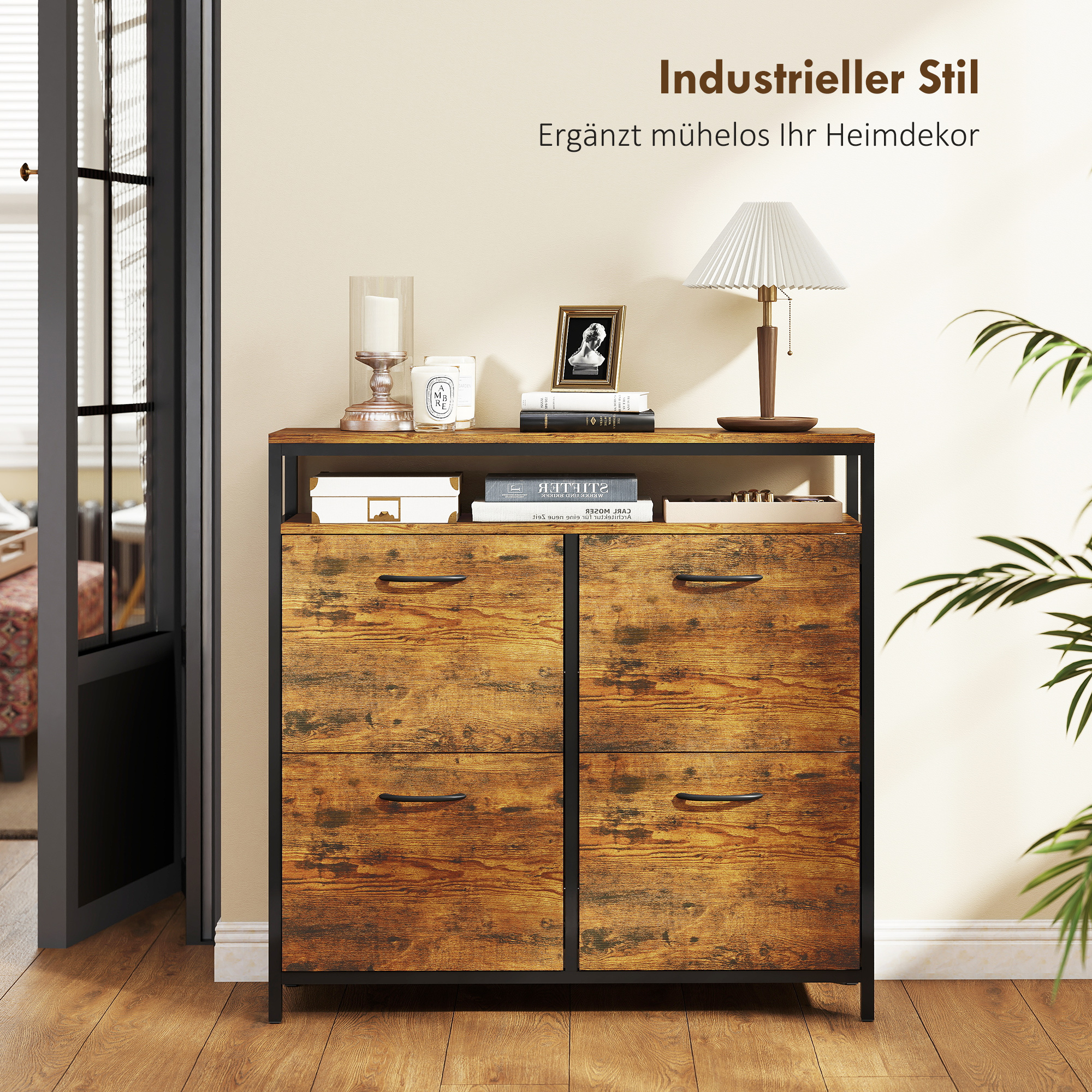 Schuhschrank mit 4 klappbaren Schubladen, schmales Design, offenes Regal, für 12-20 Paar Schuhe, Stahl, Braun