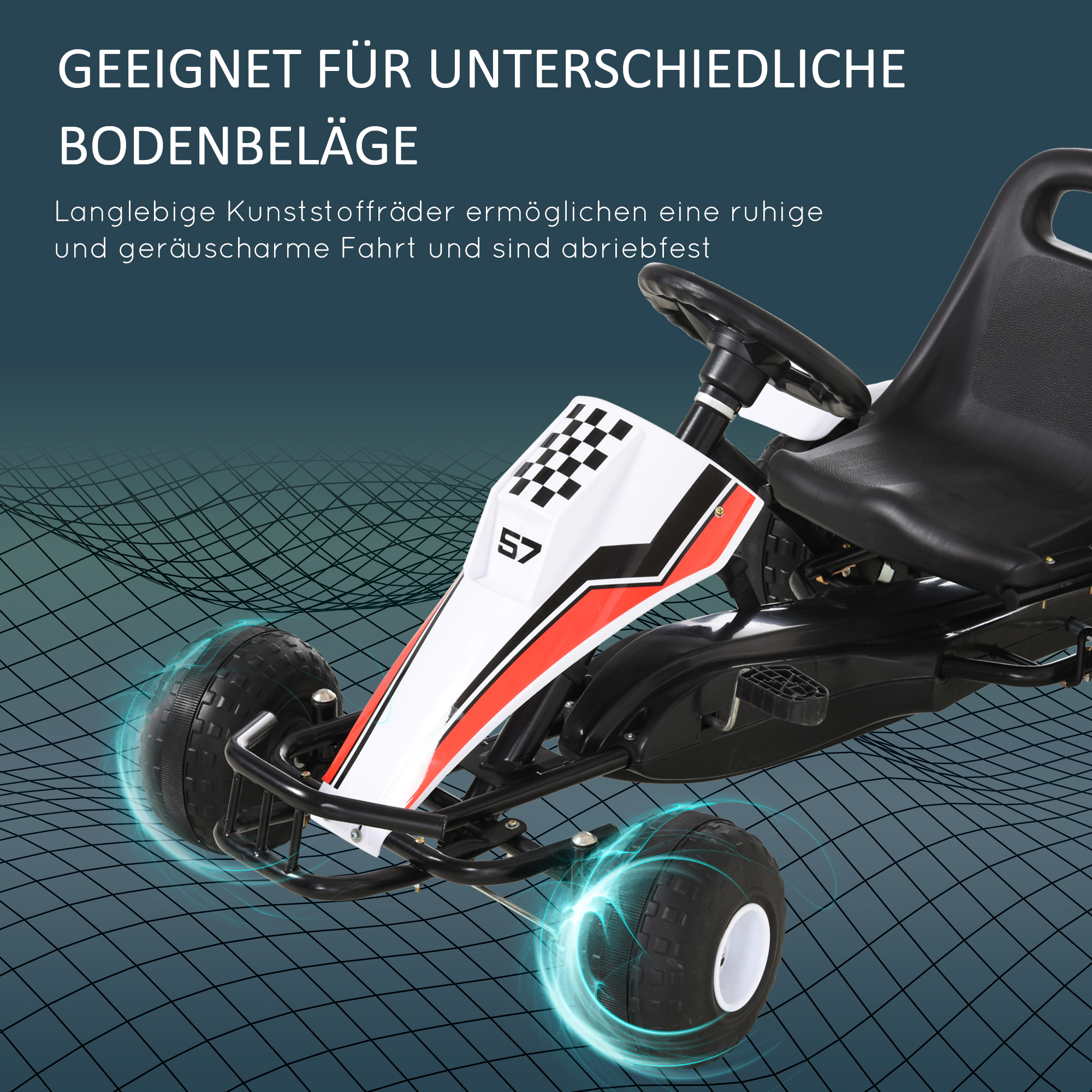 Gokart, Tretauto mit verstellbarem Sitz, Bremse, Pedalantrieb, Tretfahrzeug mit Vor- und Rückwärtsgang, Kinderfahrzeug bis 35 kg belastbar, für Kinder 3-6 Jahre Weiß