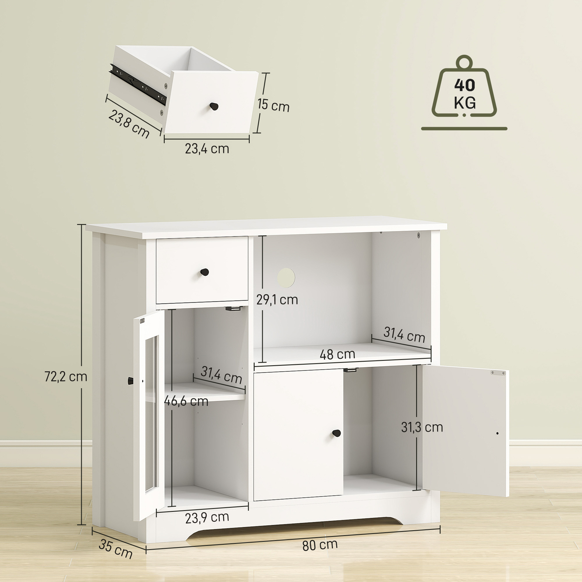 Küchenschrank mit Kabelloch, Kommode mit 2 Schränken, offenes Fach, Schublade, 80 x 35 x 72,2 cm, Spanplatte, Weiß