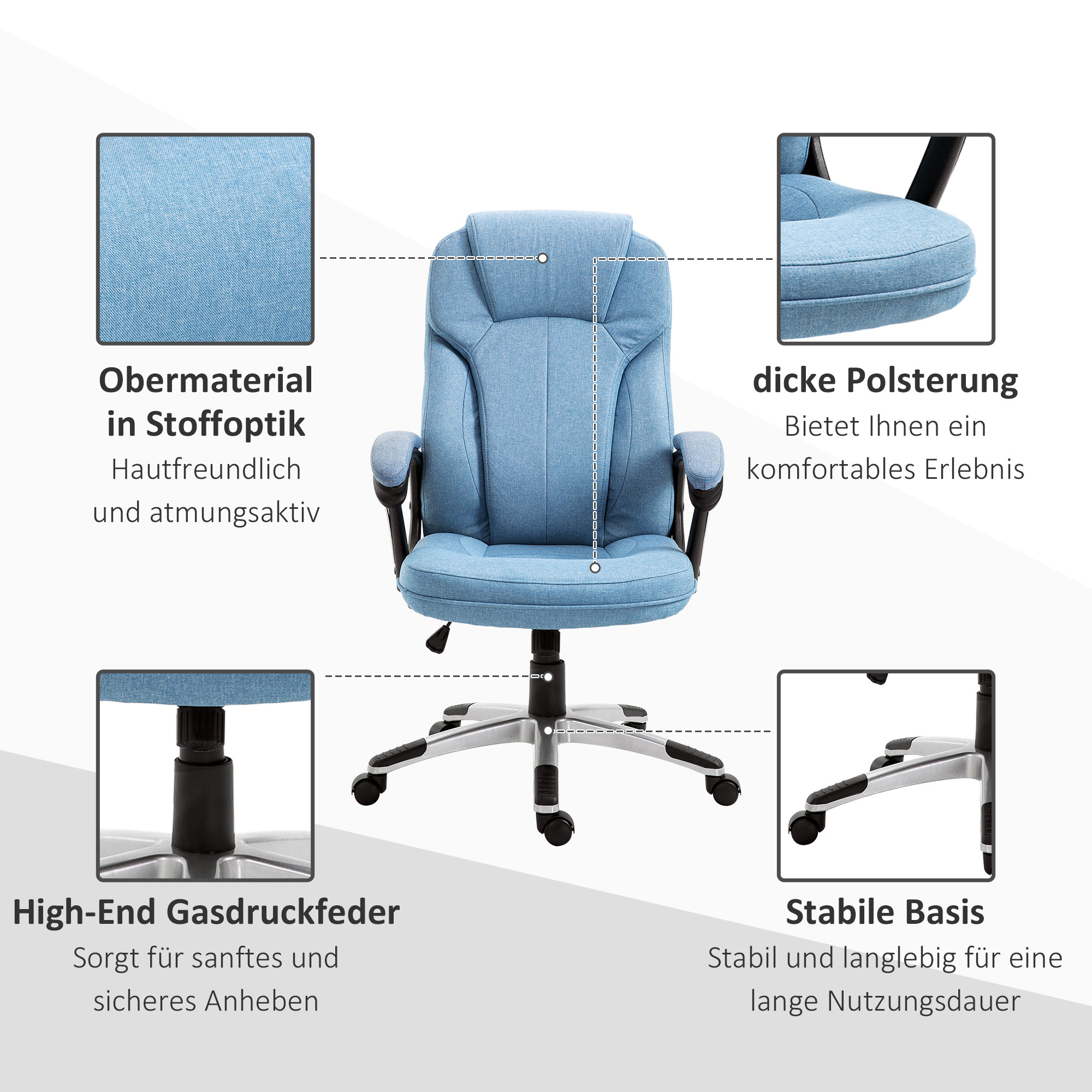 Bürostuhl Computerstuhl Drehstuhl höhenverstellbar Wippfunktion mit Kopfstütze und gepolsterte Armlehnen Ergonomisch Hellblau Leinen 66 x 75 x 110–120 cm