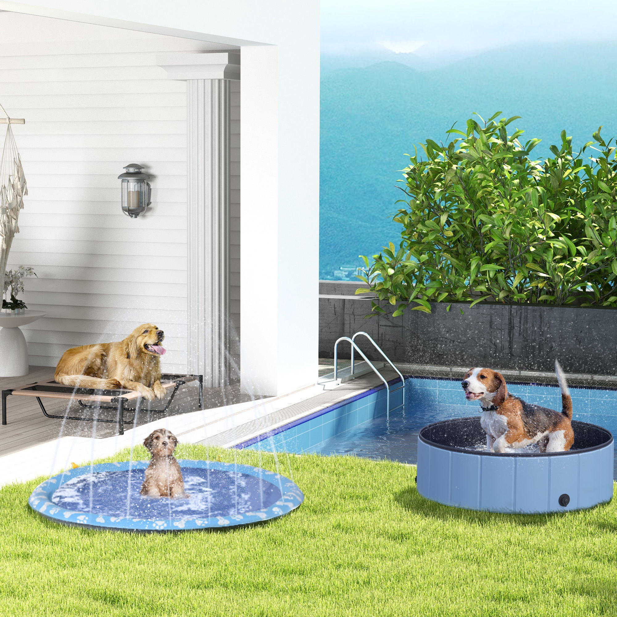 Hundepool, Planschbecken, mit Wasserdüse, rund, rutschfest, blau, Ø150 cm