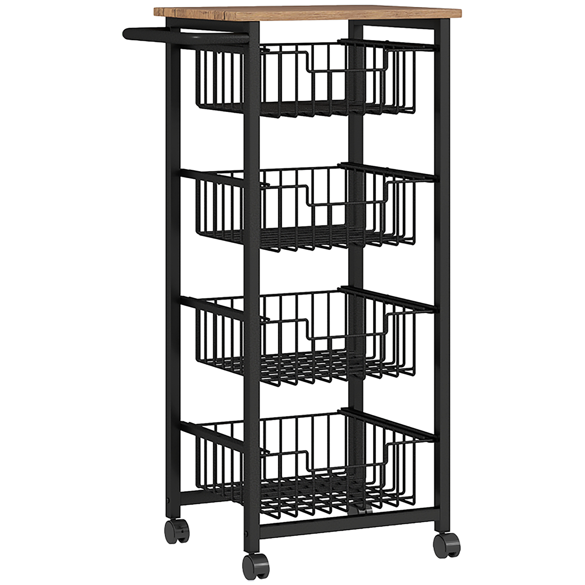 4-stufige Küchenwagen auf Rädern, Rollbarer Servierwagen, Küchen-Trolley mit 4 Stahlkörben, Servierwagen