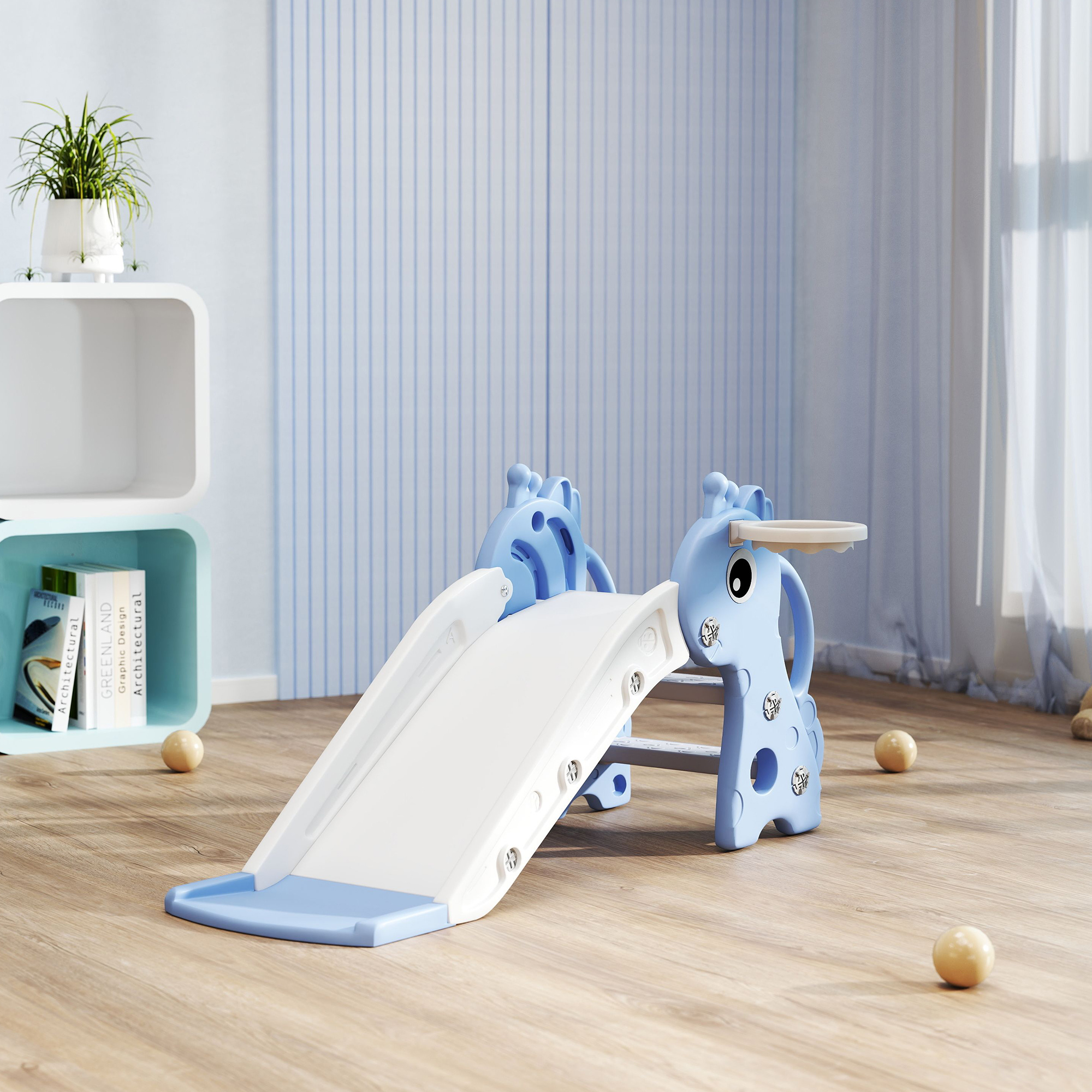 3-in-1 Rutsche für Kinder, Giraffenform, Basketballkorb, Ball, Blau