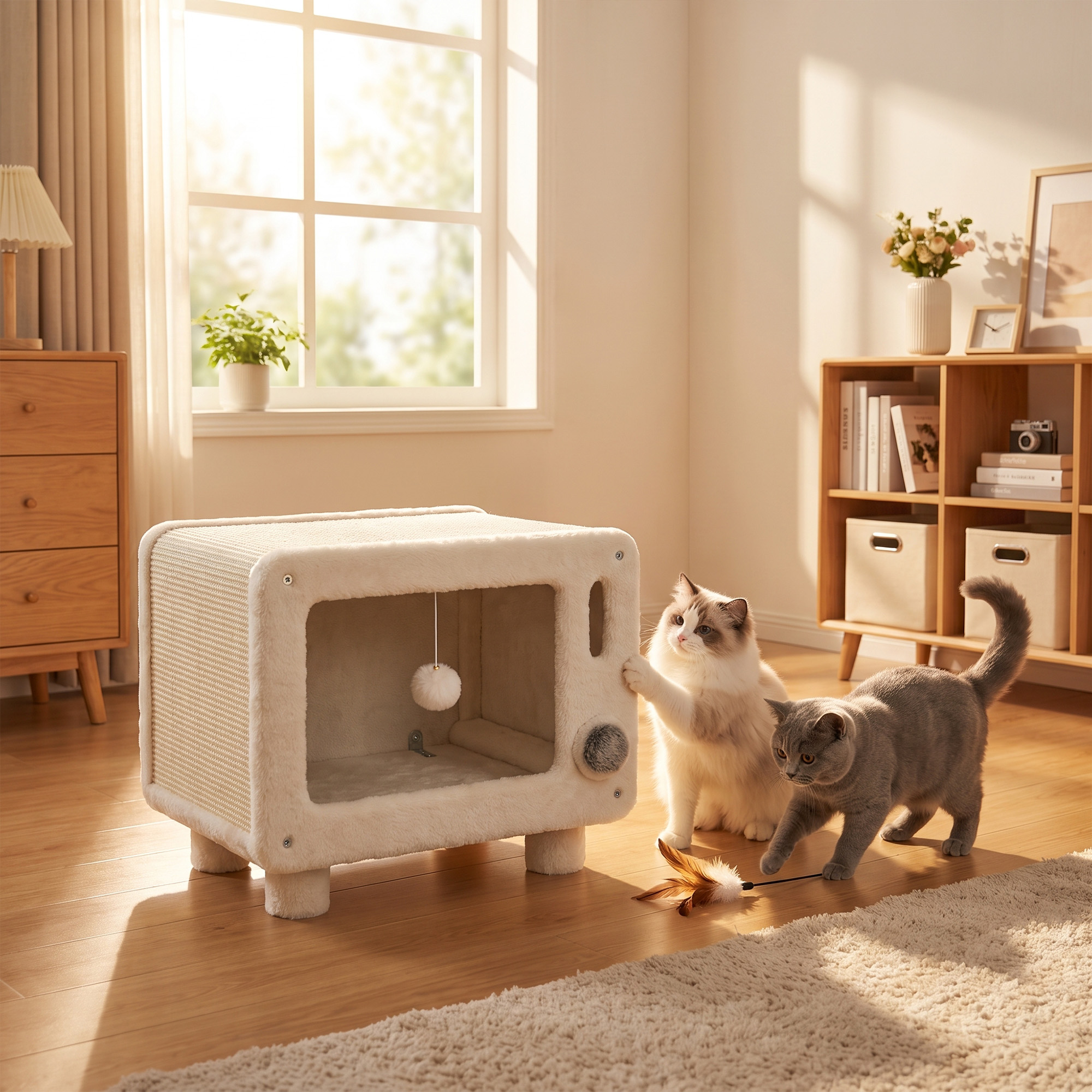 Katzenhaus im TV-Design, Katzenhöhle mit Hängematte und Spielball, Sisal-Kratzmatte, für Katzen bis 7 kg 50 x 33 x 42 cm