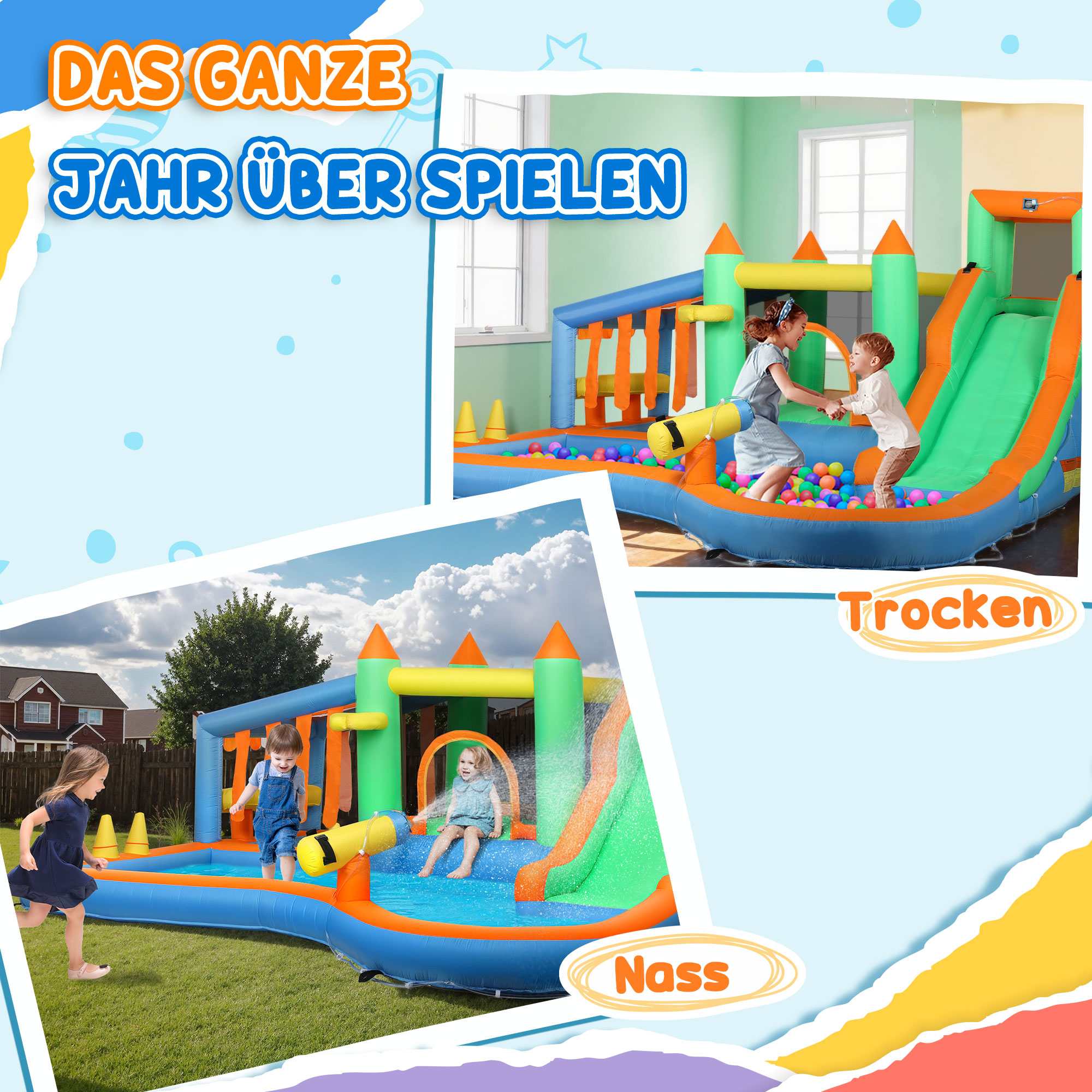 Hüpfburg für Kinder, mit Wasserrutsche, Planschbecken, Kletterwand, für drinnen und draußen, 360 x 315 x 195 cm, Bunt