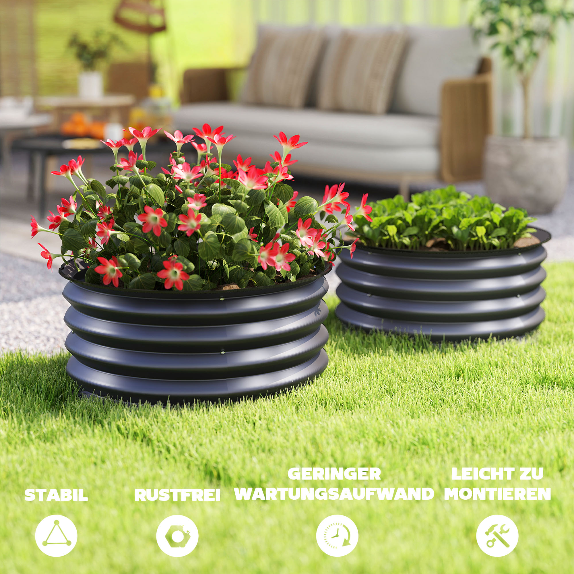 2er-Set Verzinkte Pflanzkübel, Ø60 x 30H cm Blumentöpfe mit offenem Boden für verschiedene Pflanzen, Dunkelgrau