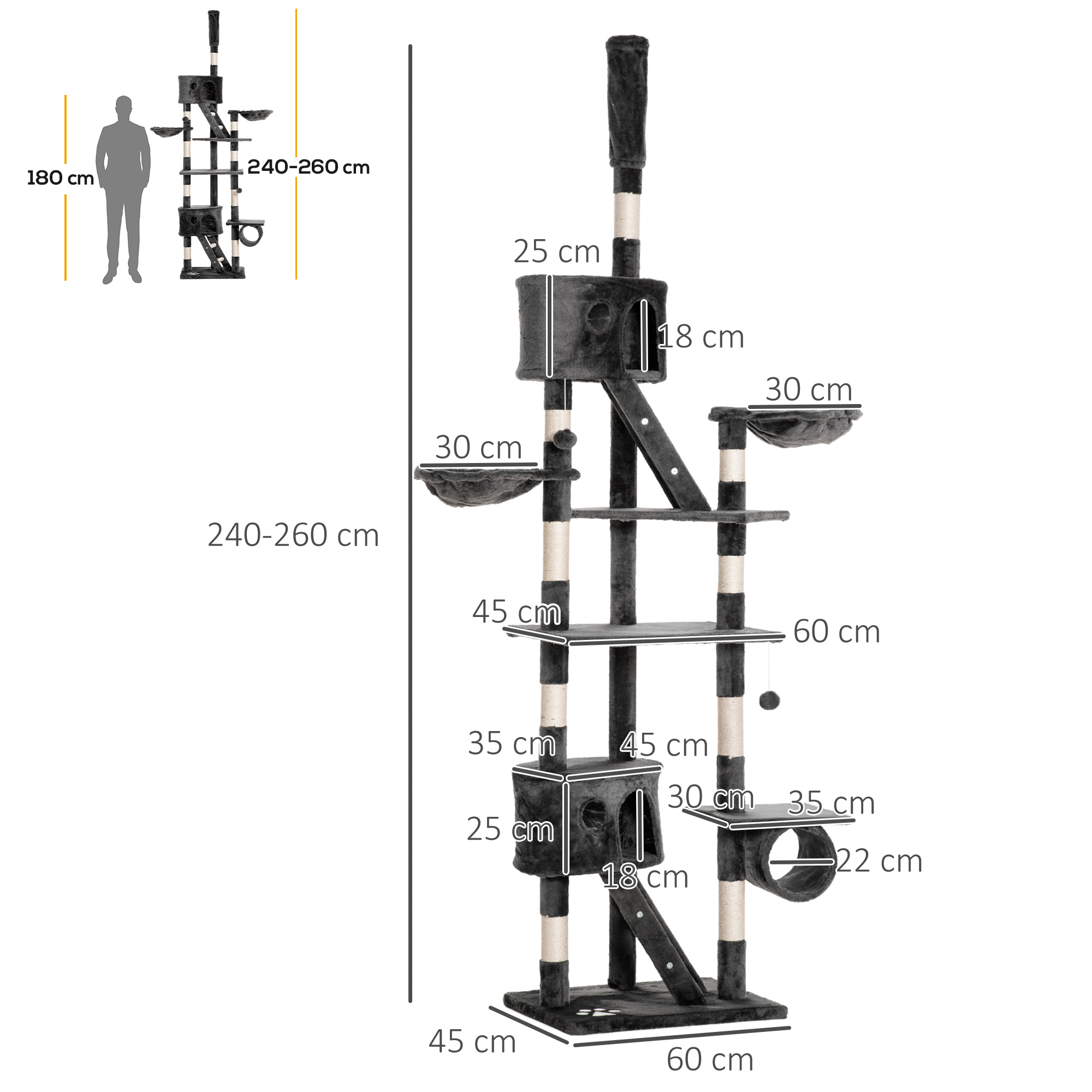 Kratzbaum deckenhoch Höhe 240-260 cm Katzenbaum mit Plüschbälle, Katzenhöhle, Hängematte, Sisalstämme, Plattformen mehrstöckiger Katzenkratzbaum Kletterbaum für große Katzen, Dunkelgrau
