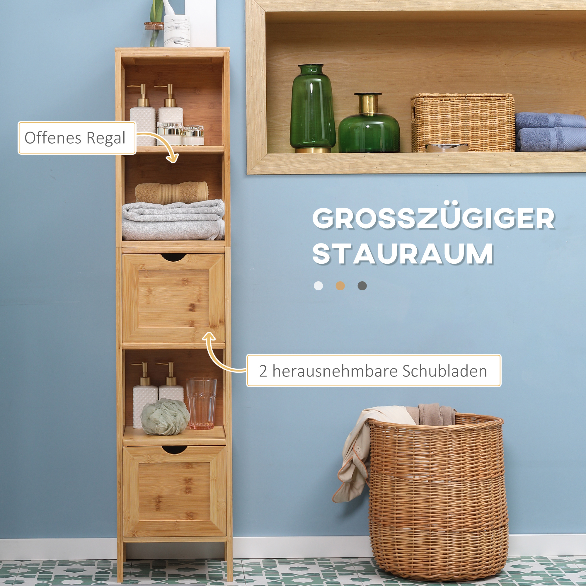 Badezimmerschrank, 3 Regale, 2 Schubladen, Bambus, 30 cm x 30 cm x 140 cm, Natur