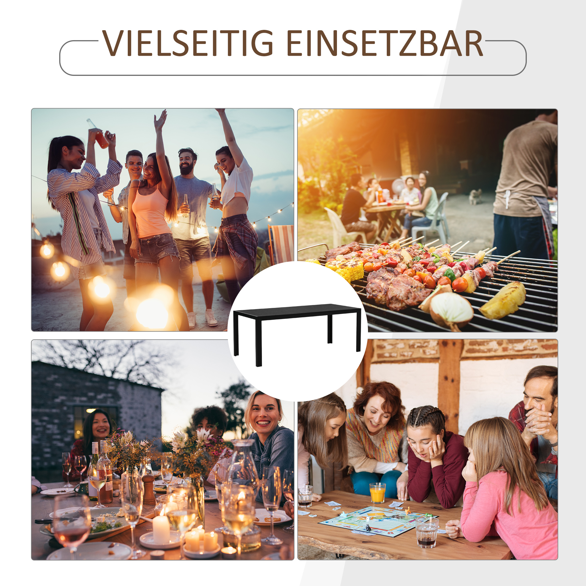 Gartentisch Kunststoff 190 x 84,5 x 72 cm Wetterfest, Holz Optik, Holzstrukur, rutschfest Buffettisch Campingtisch Balkontisch Terrassentisch Outdoor Esstisch für Garten, Balkon Schwarz