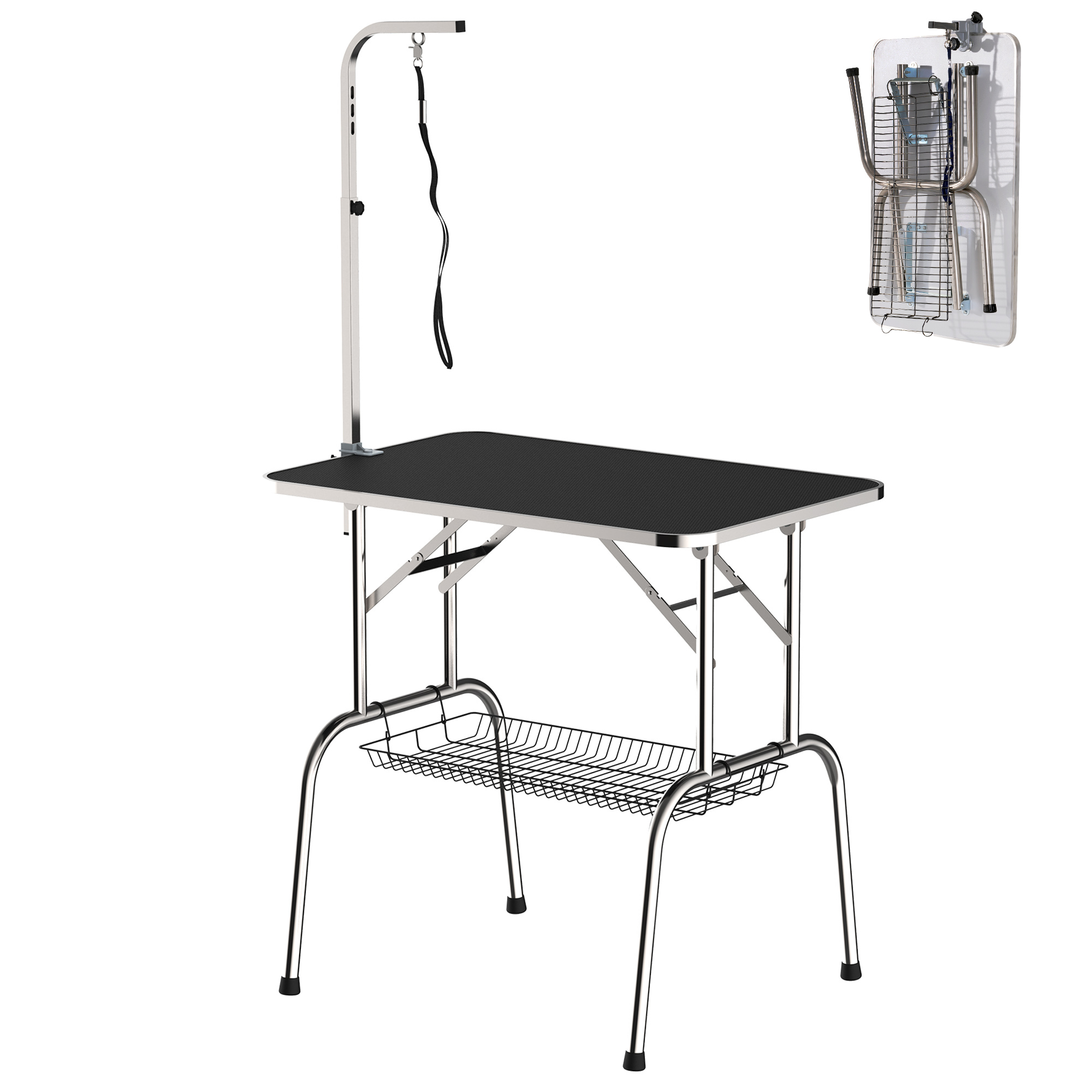 Trimmtisch Tierpflegetisch Schertisch mit Korb Hundepflegetisch klappbar Hundefriseurtisch Hunde Badetisch höhenverstellbar Edelstahl Schwarz