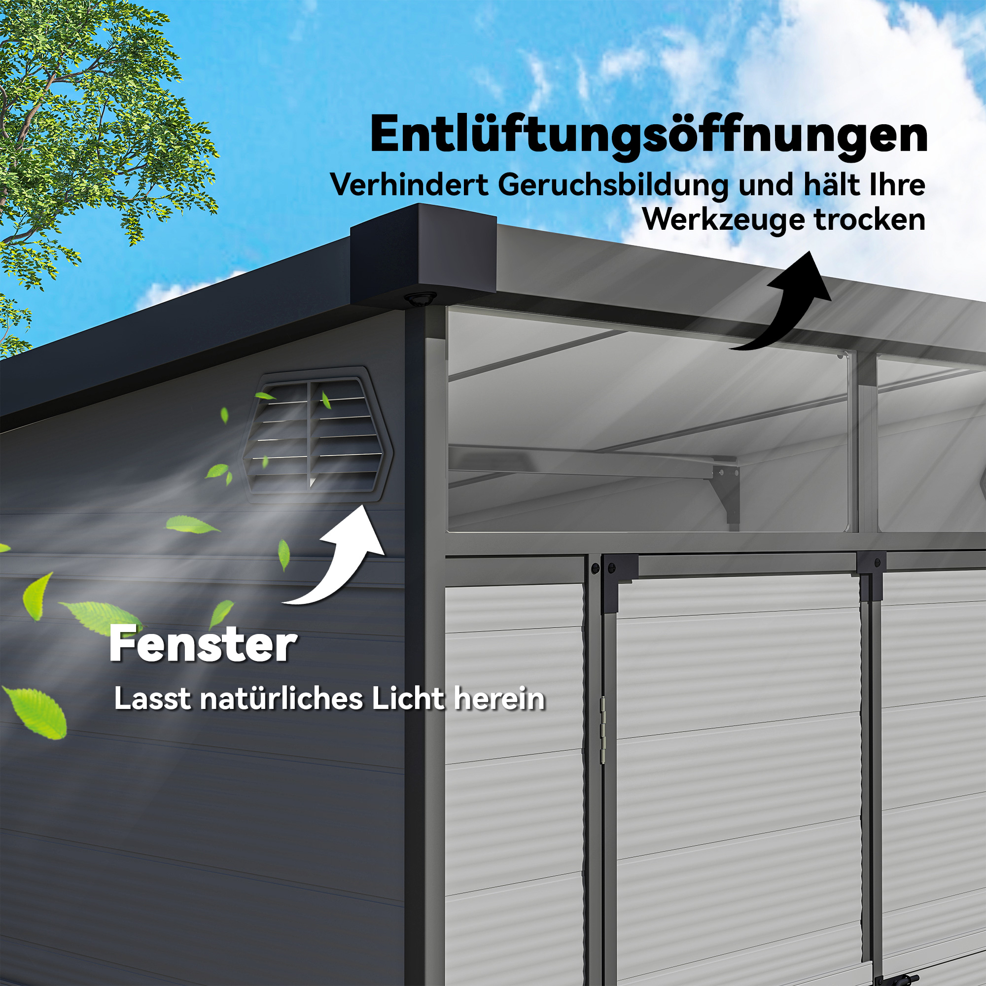 1,9 x 1,9  m Gartenschuppen, Werkzeugschuppen aus Kunststoff , verschließbare Türen, 2 Lüftungsöffnungen, Hellgrau