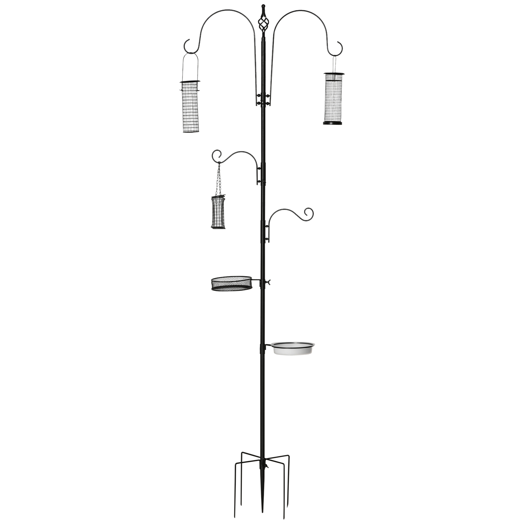 Vogel Futterstation Set aus Stahl Höhe 208 cm inkl, 4 Haken Vogeltränke Futterteller Vollständiges Futtersäulen Vogelfutterspender Station Schwarz