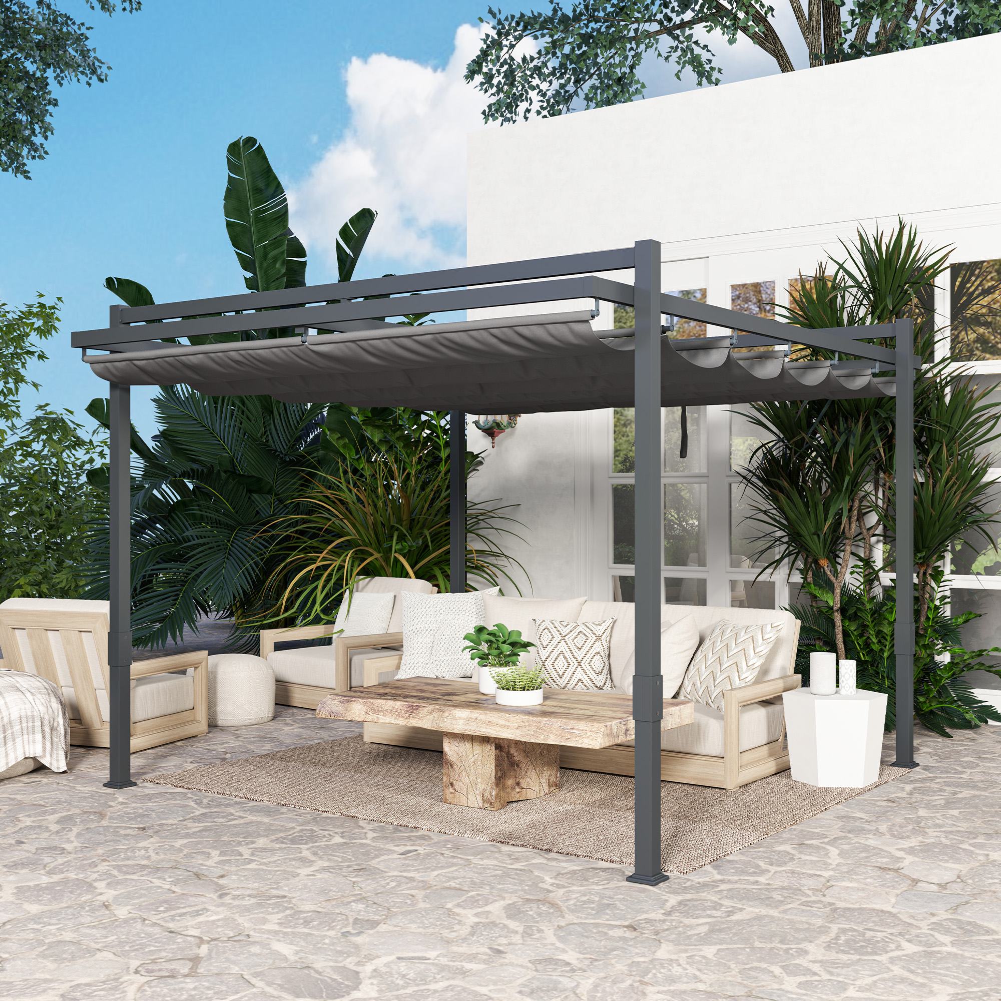Pergola Pavillon ca, 3,5x3m Aluminium Stabil winterfest Sonnenschutz mit verstellbares Schiebedach Grau