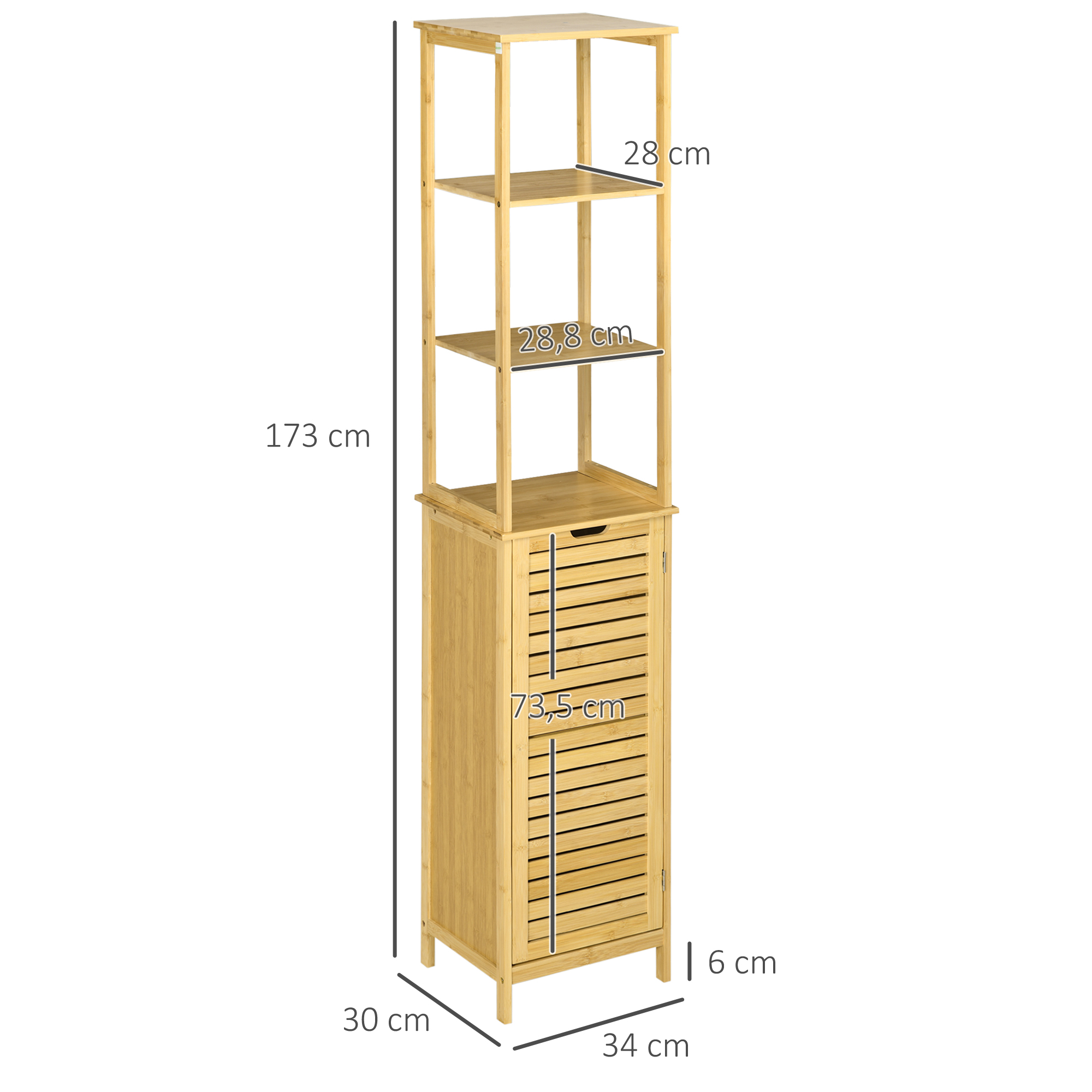 Badschrank, Hochschrank, drei Regalböden, ein Schrankfach mit Lamellentür, Kippschutz, Bambus, 34 x 30 x 173cm