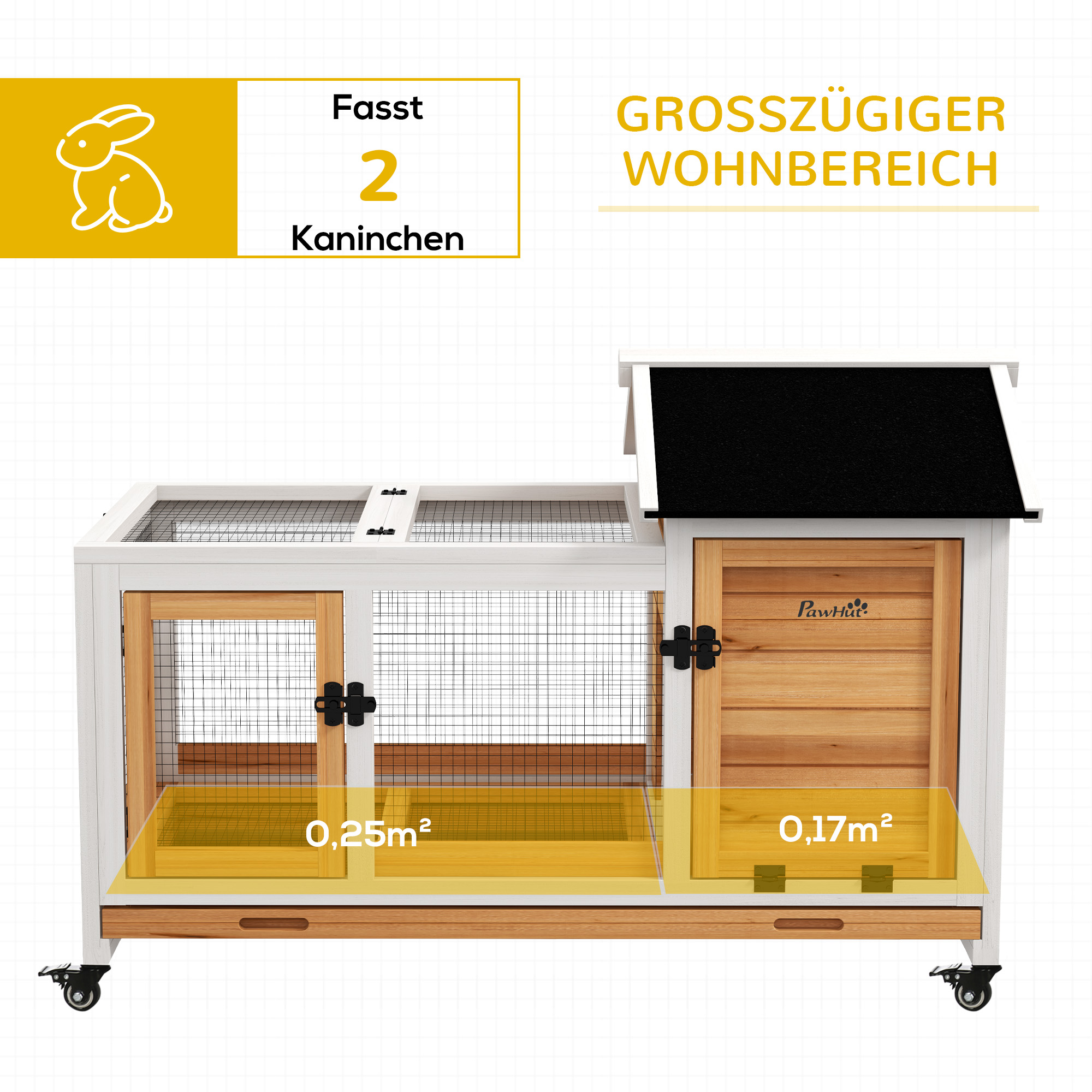 Kleintierstall für Zwergkaninchen, Meerschweinchen, mit Rädern, 108 x 58 x 73,5 cm, Gelb