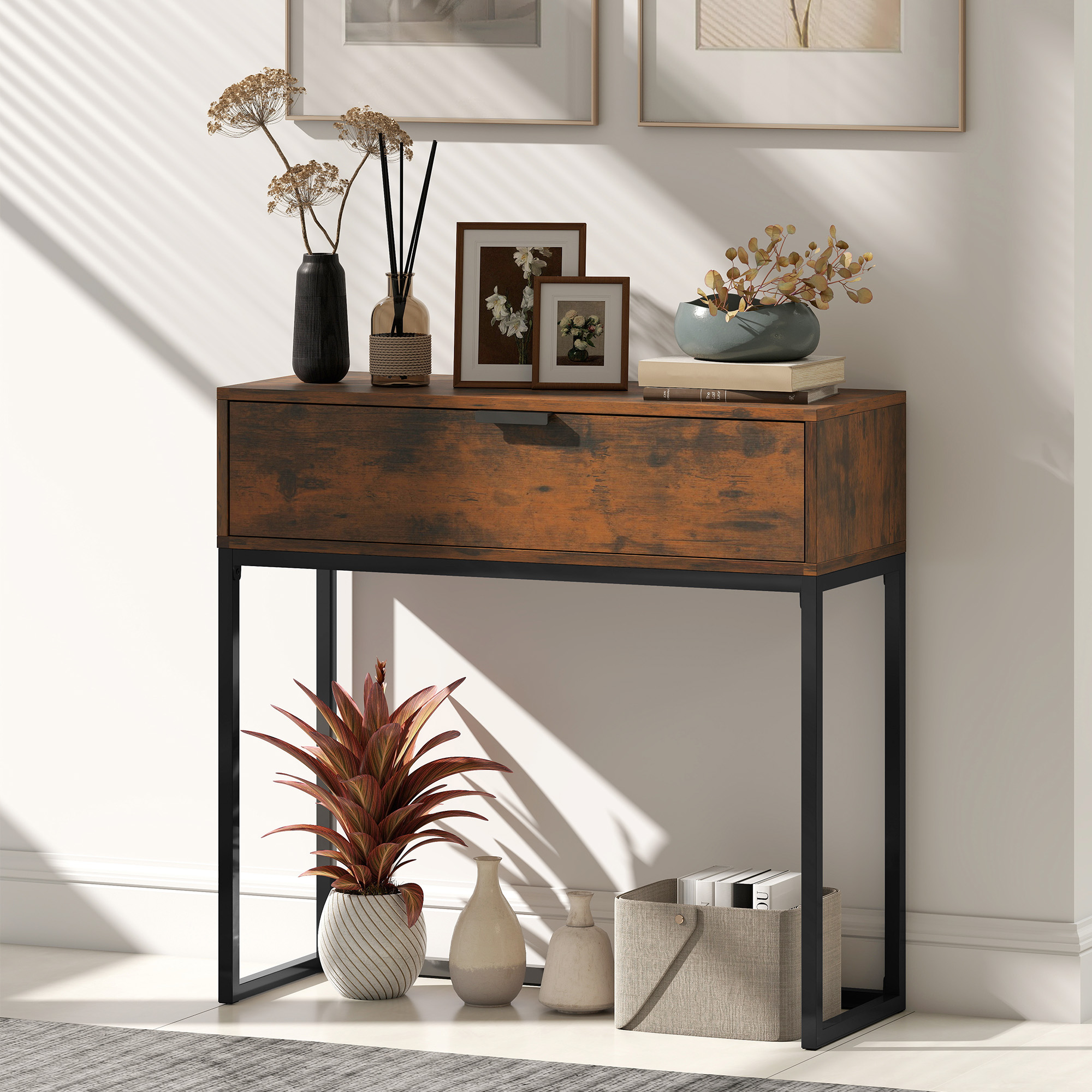 Konsolentisch Flurtisch mit Schublade, Industrie-Design, Flur Wohnzimmer, 80x30x76 cm, Schwarz