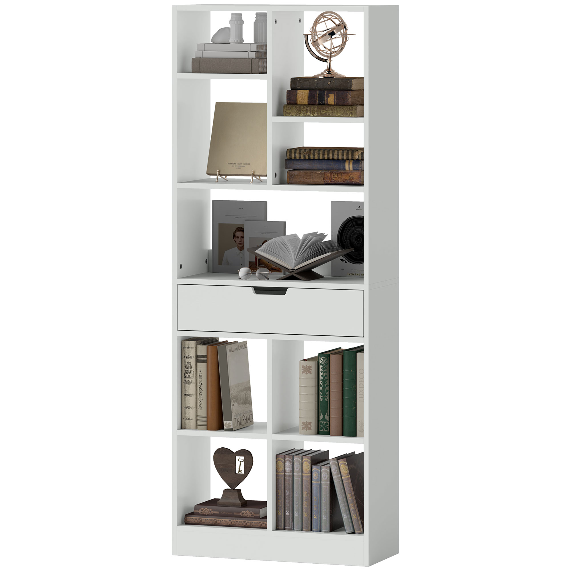 Bücherregal, Mehrzweckregal, 9 Fächer, Schublade, Kippschutz, 60 x 26 x 158 cm, Weiß