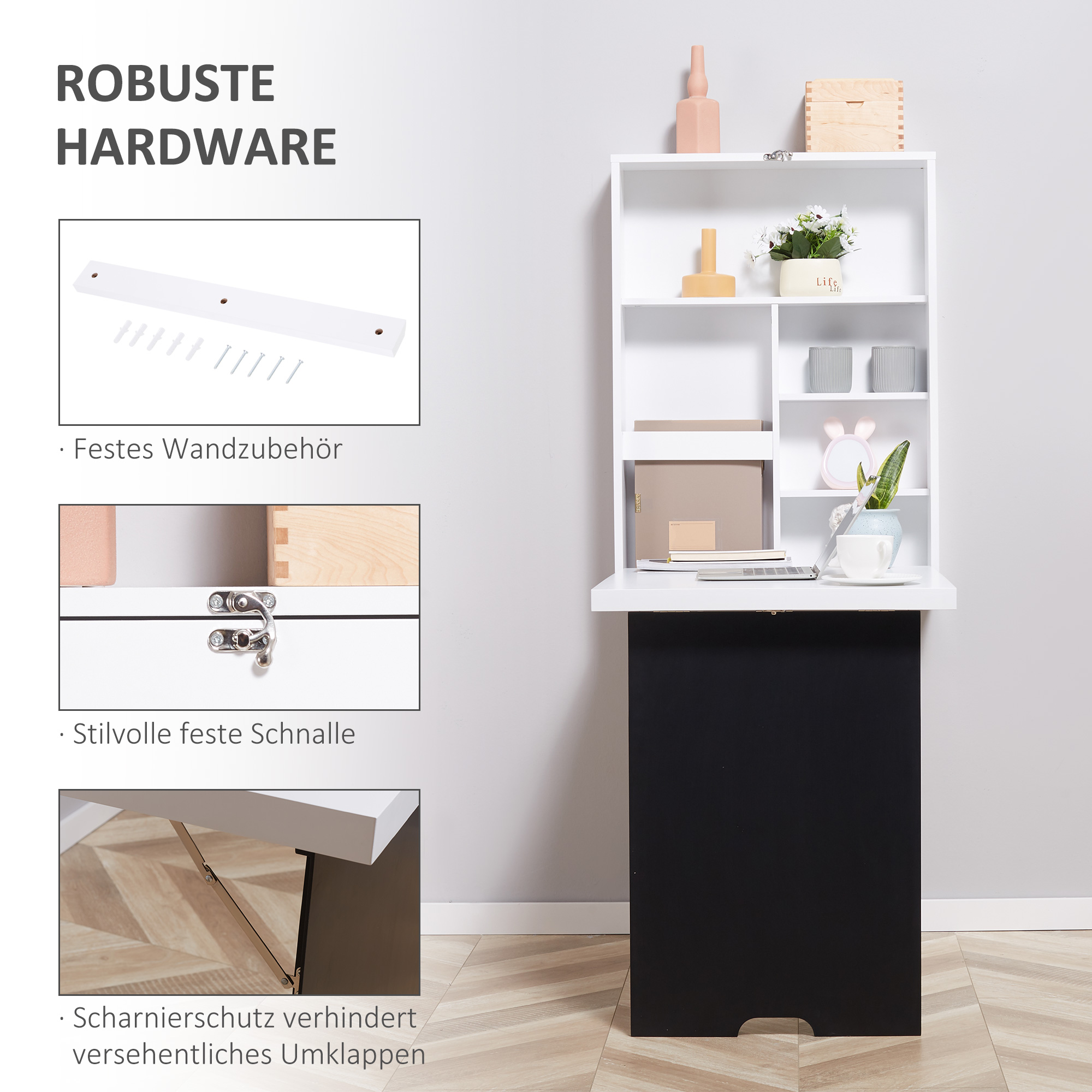 Wandschreibtisch, klappbare Tischplatte, 5 Fächer, 60x94,5x147cm, Schwarz/Weiß