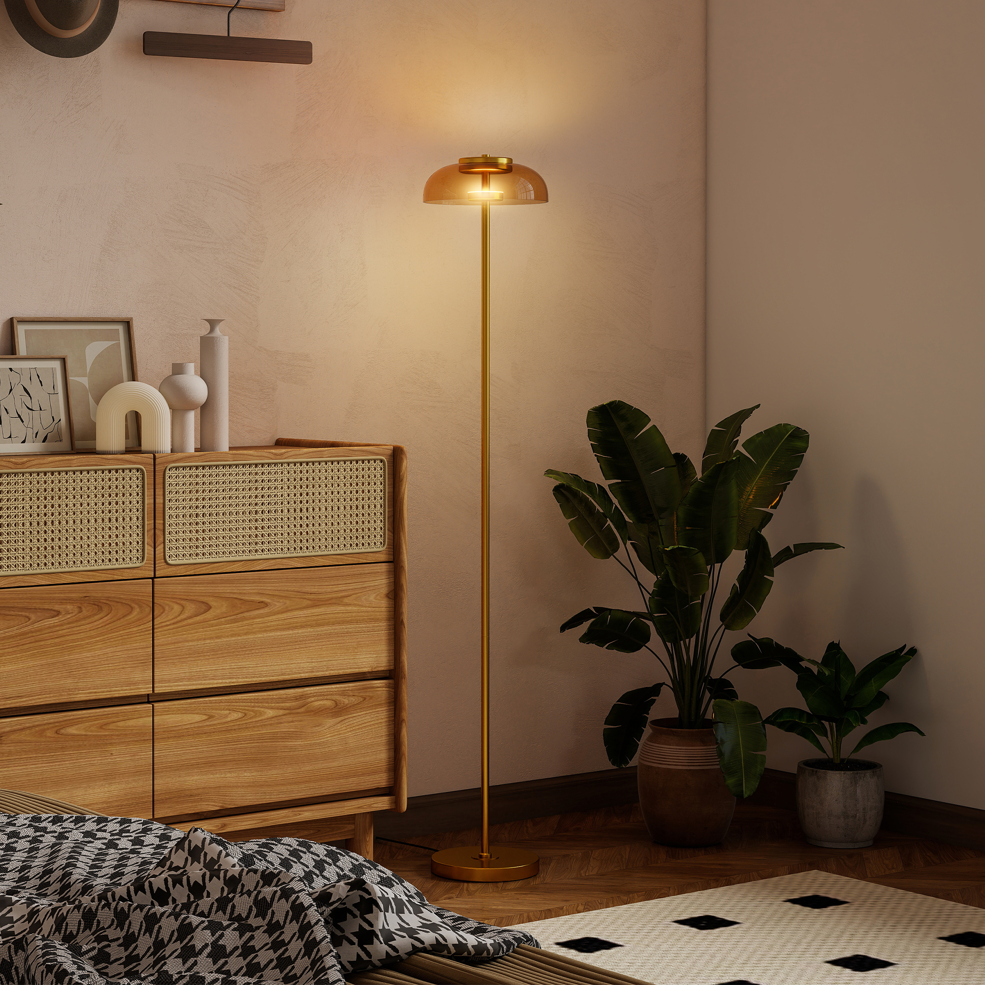 LED Stehlampe Wohnzimmer, Stehleuchte mit 3000 K warmem Licht, Fußschalter, 25 x 25 x 134 cm, Messing