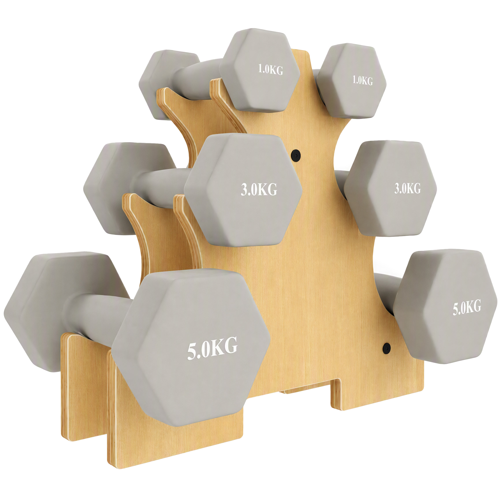 Hanteln Set 3 Paar 1kg 3kg 5kg Kurzhanteln mit Holzständer, rutschfeste Griff, Gusseisen Hexagon Hellgrau