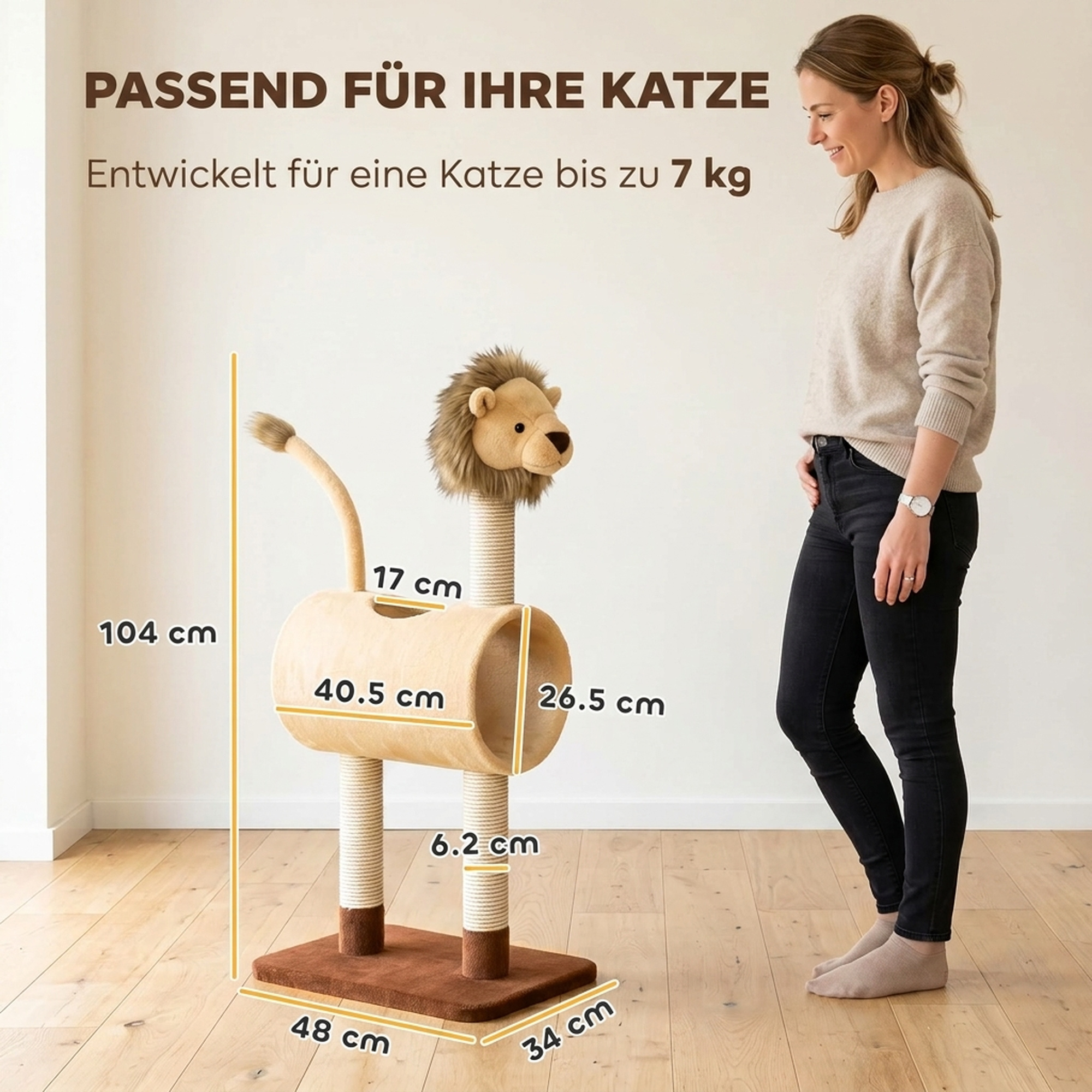 Kratzbaum 104 cm Katzenbaum mit Löwen-Design Kratzpfosten, Tunnel, hängendem Schwanz bis 7 kg, Hellbraun