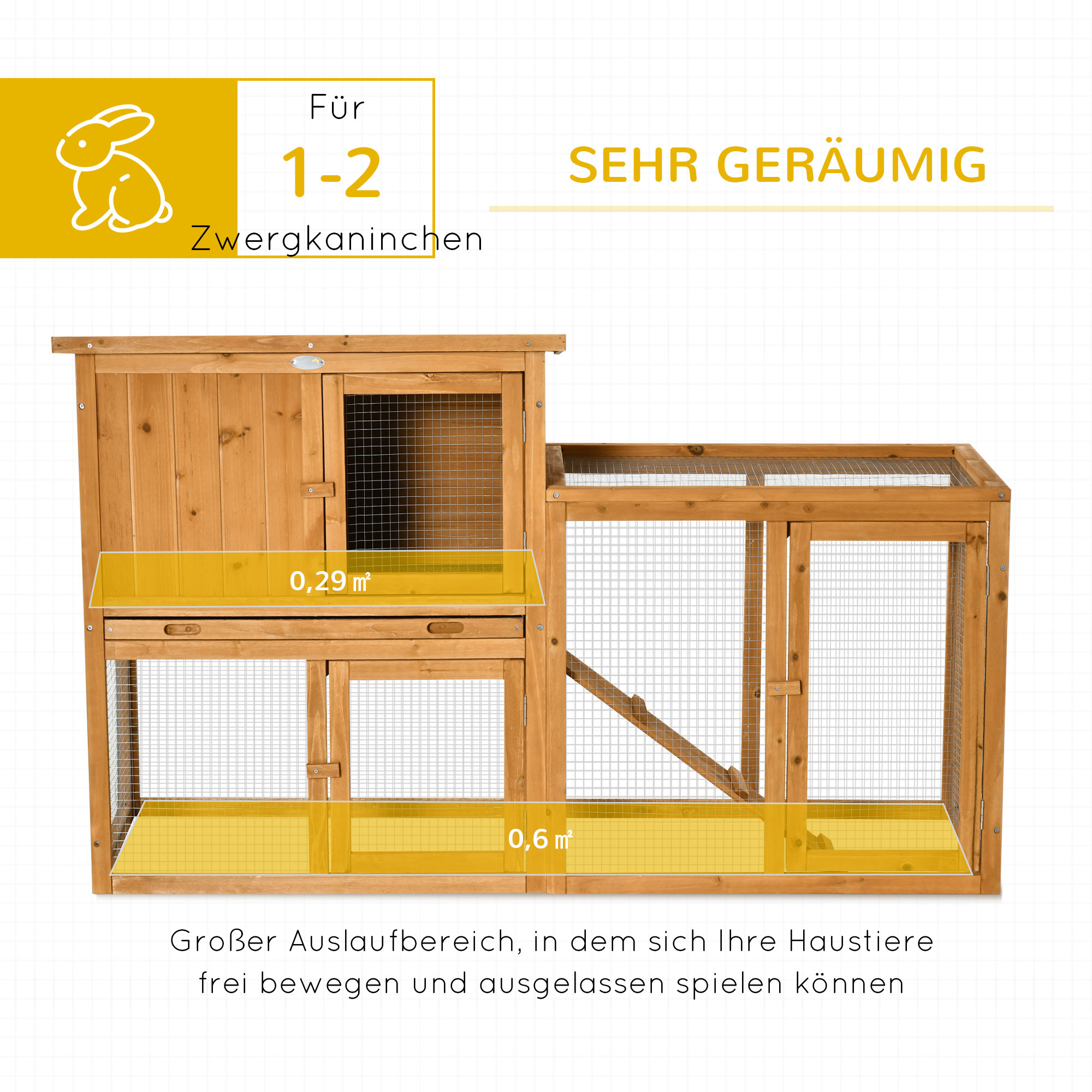 Kleintierstall mit Freigehege, herausnehmbare Bodenwanne, wetterbeständig, 141 cm x 60 cm x 86 cm, Braun