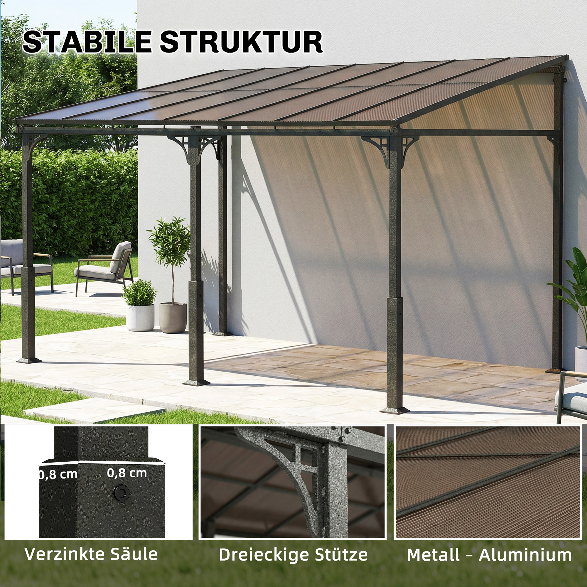 Anbaupavillon 4 x 3m Terrassenüberdachung mit schrägen Polycarbonat-Dach Metall-Aluminium-Rahmen, Wandmontage