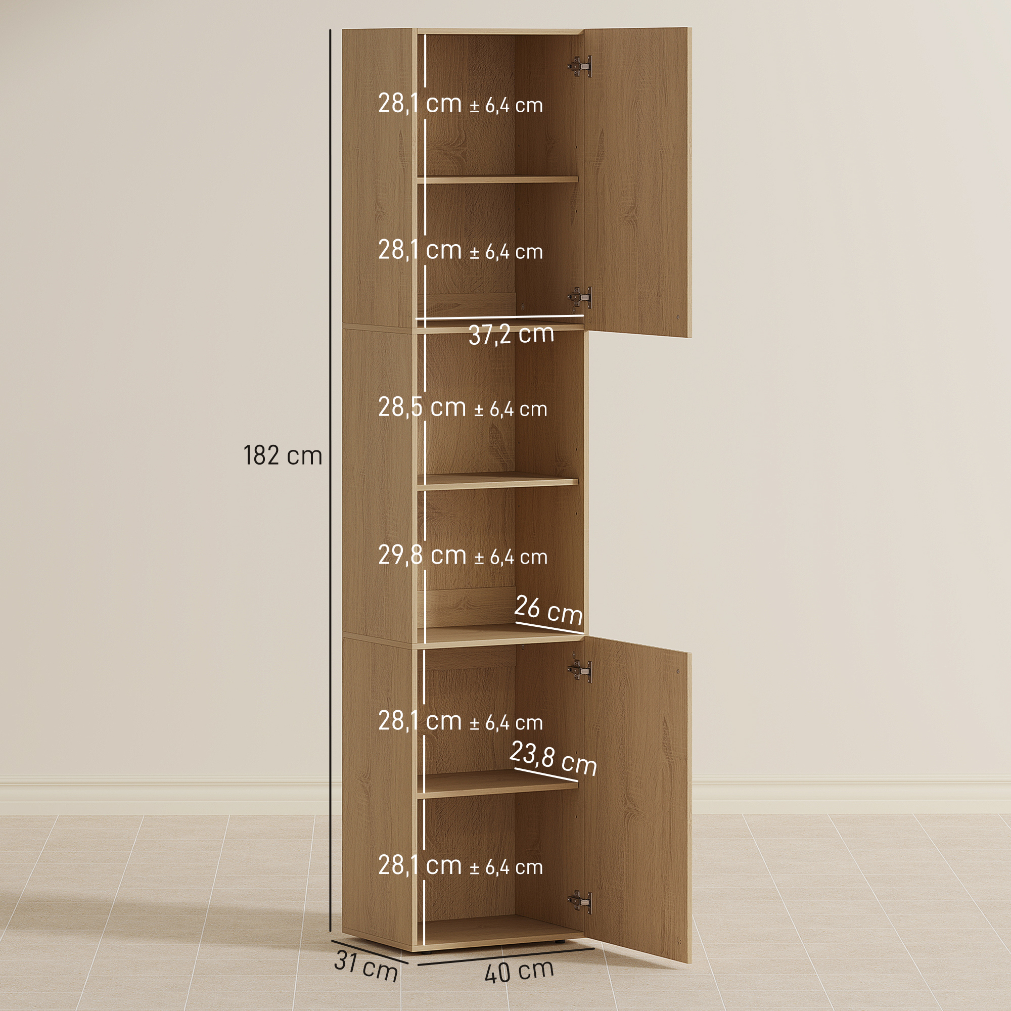 hoher Badezimmerschrank, 6 Ebenen, 2 Schränke, 2 offene Regale, offene Fächer, Holz, Eichenfarben