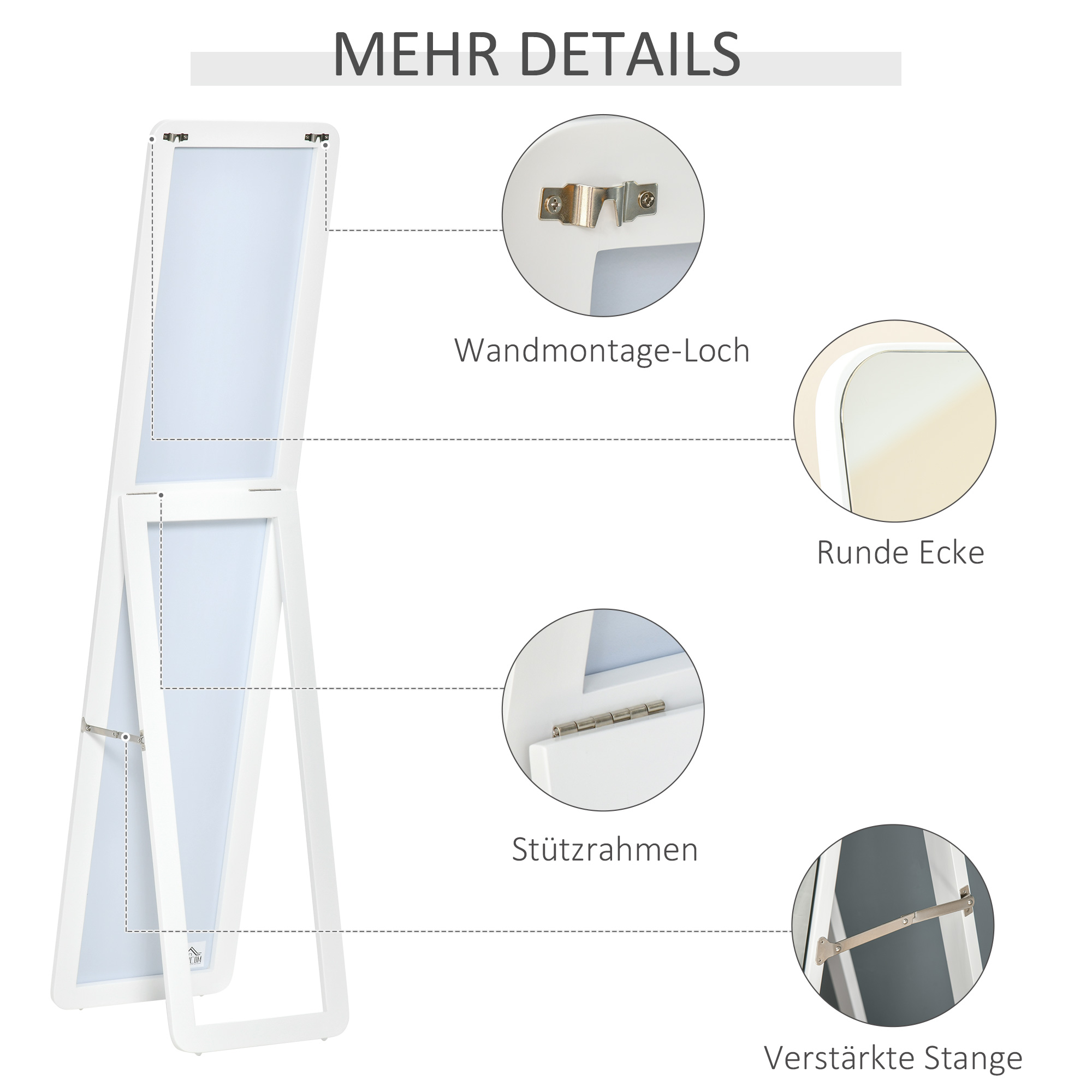 Standspiegel Ganzkörperspiegel mit klappbaren Rahmen Schminkspiegel frei stehend oder an der Wand montiert stabil für Wohnzimmer oder Ankleidezimmer Kiefernholz MDF Weiß 37 x 43 x 156 cm