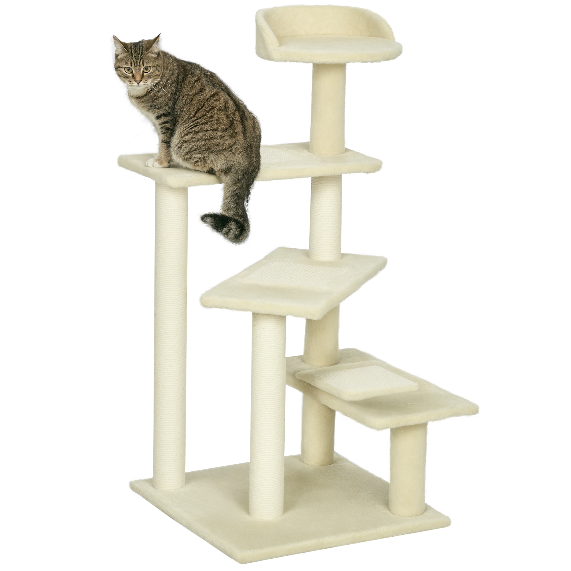 Kratzbaum 100 cm Katzenturm mit Sisalstämme, große Plattform, mehrstöckiger Katzenkratzbaum, Kletterbaum, für kleine & mittelgroße Katzen, Beige