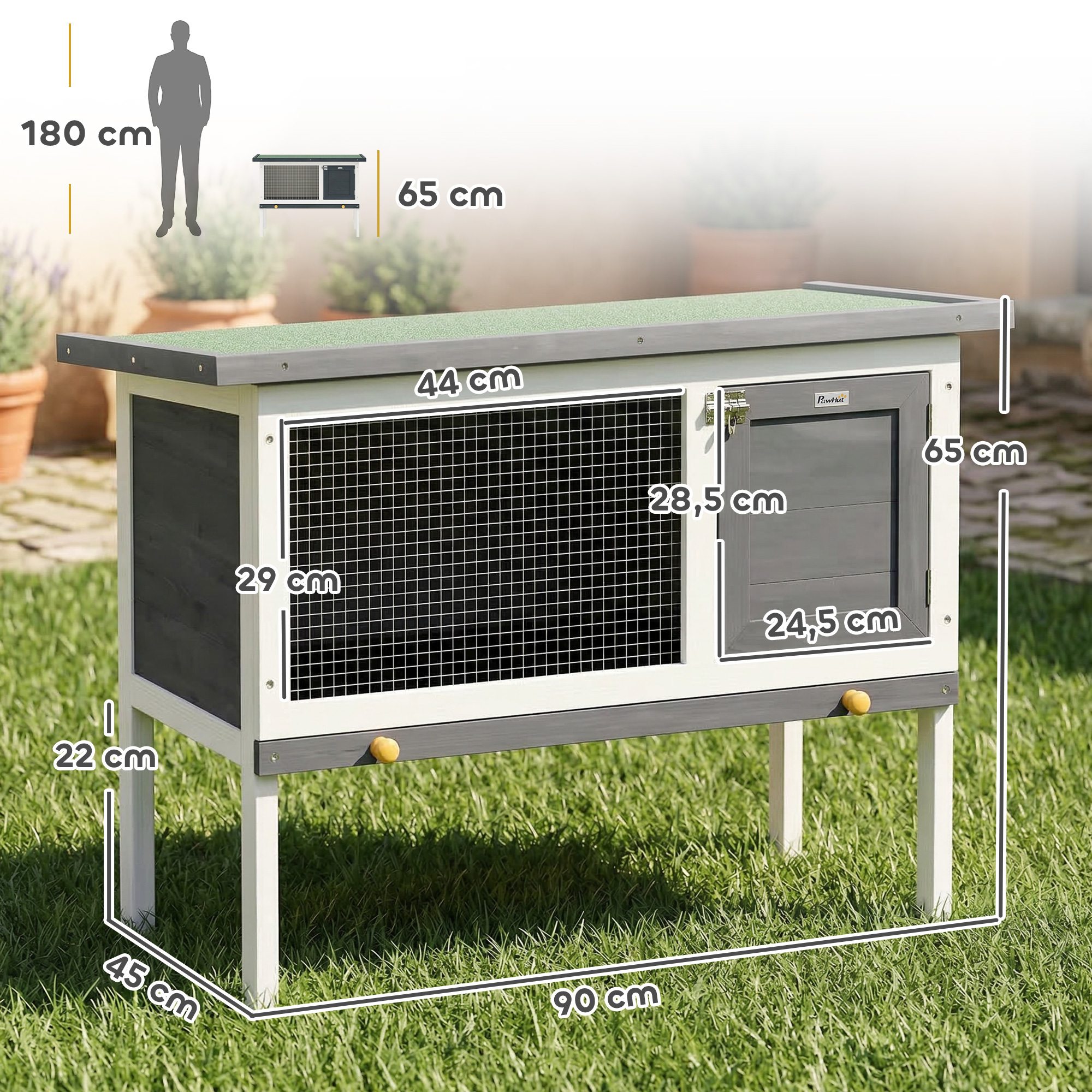 Hasenstall erhöhter Kaninchenstall aus Holz mit aufklappbar Bitumendach herausziehbarer Schublade 90x45x65 cm Grau