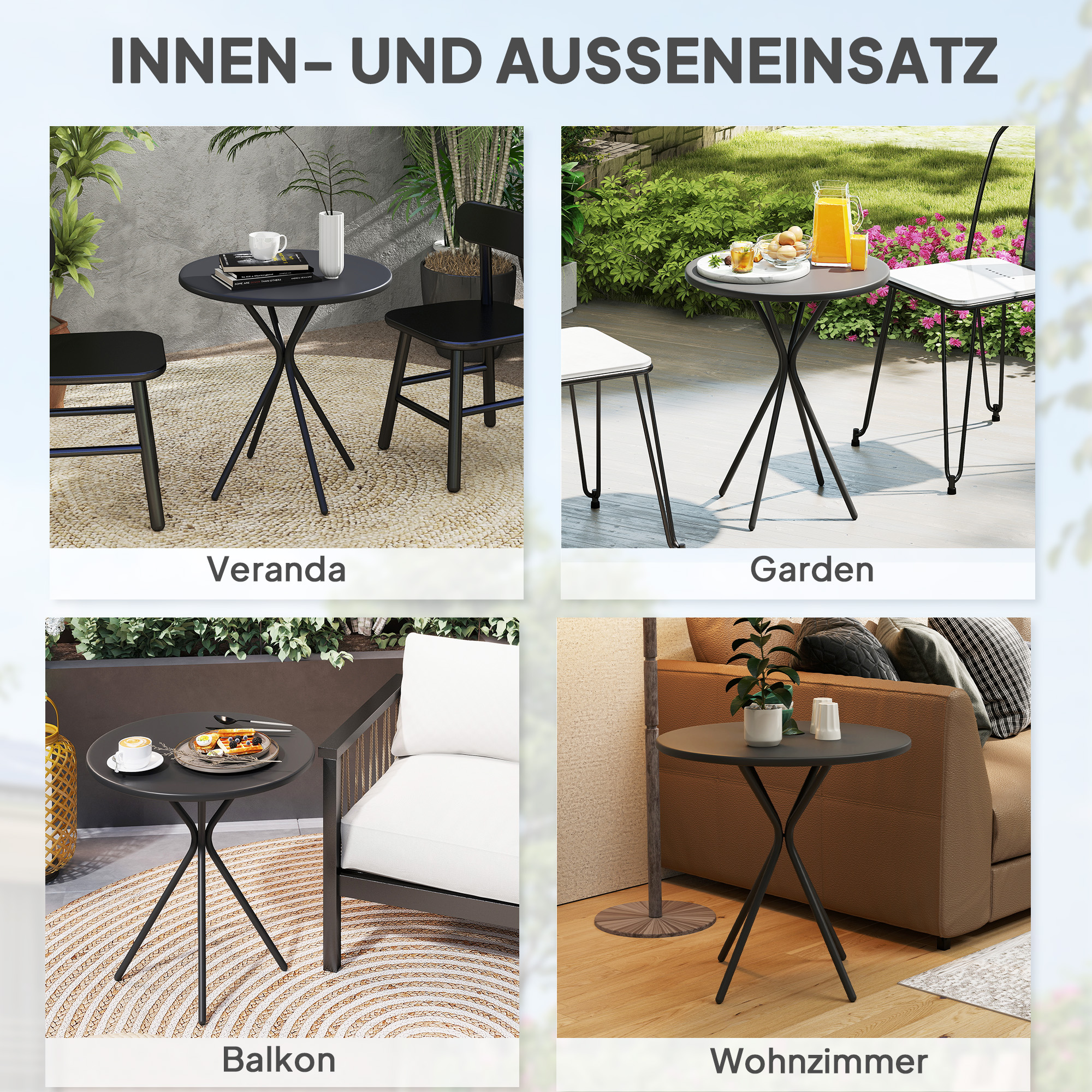 Gartentisch Ø60 x 70 cm, Wetterfest Balkontisch aus Stahl, Runder Esstisch mit Fußpolster Schwarz