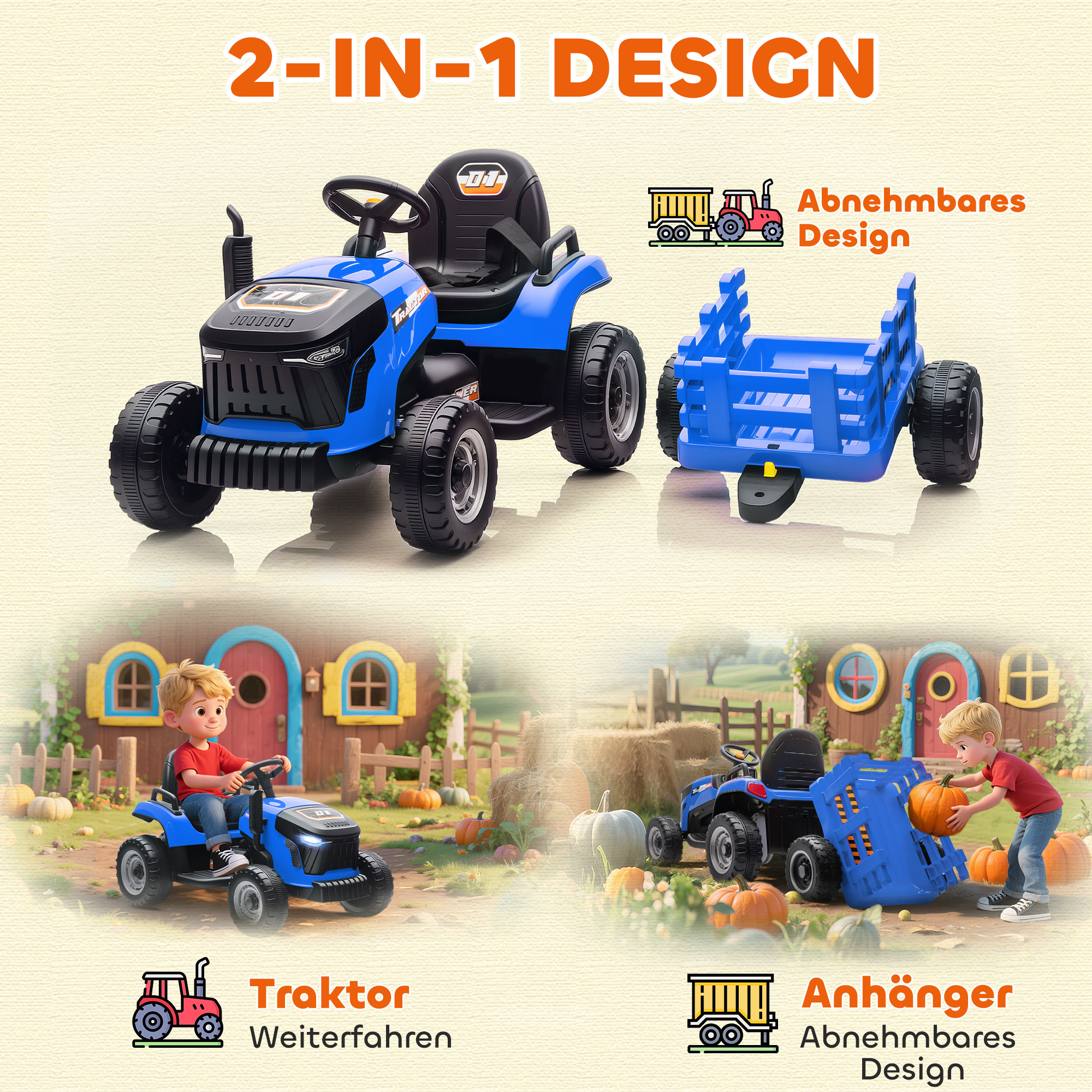 Elektrischer Kindertraktor, Aufsitz-Traktor mit Fernbedienung, Soft-Start, für Kinder im Alter von 3-8 Jahren, Blau